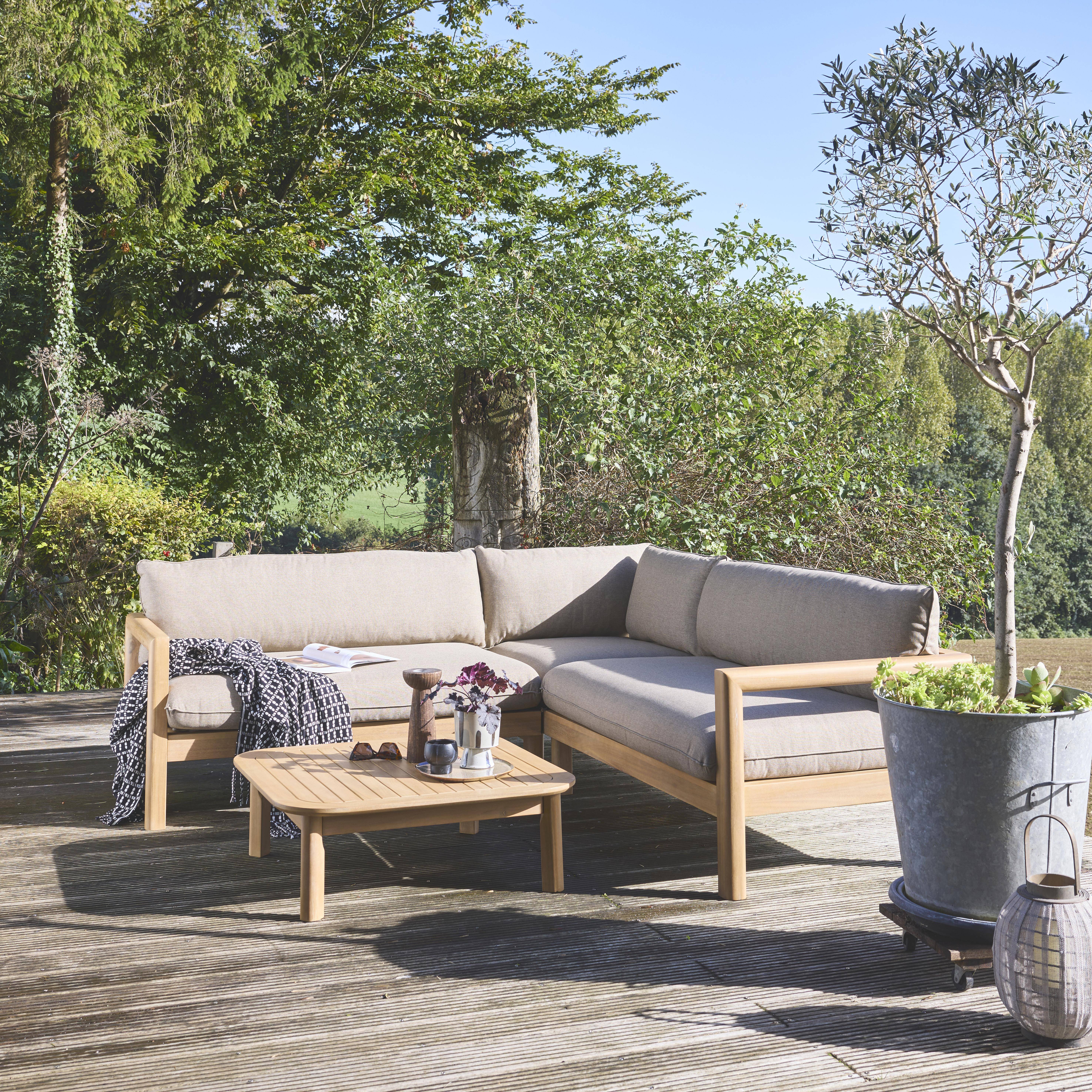 Salon de jardin d'angle en acacia 5 places beige BURGOS, table carrée  Photo1