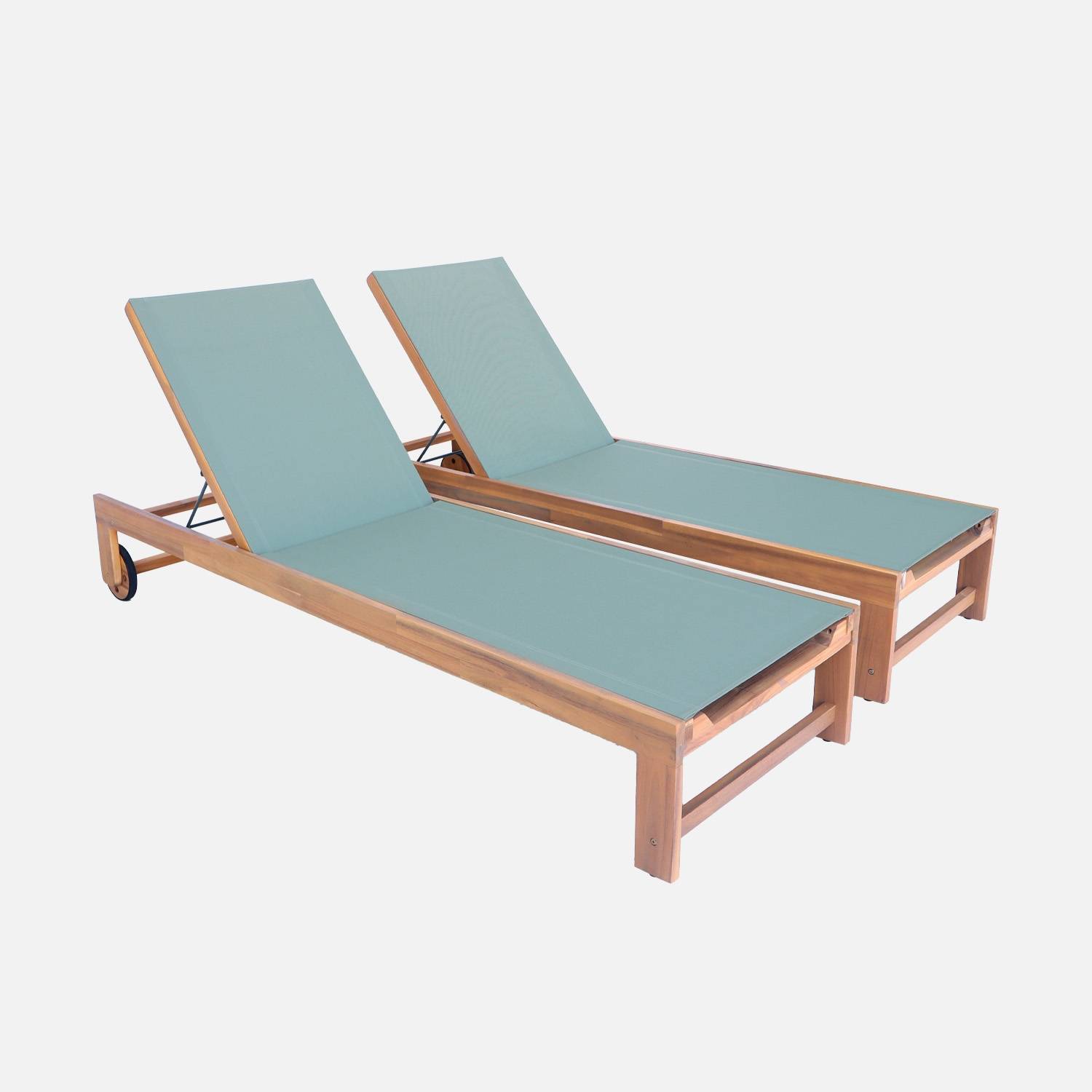 Pair of wooden and multi-position sun loungers with wheels, Khaki Green