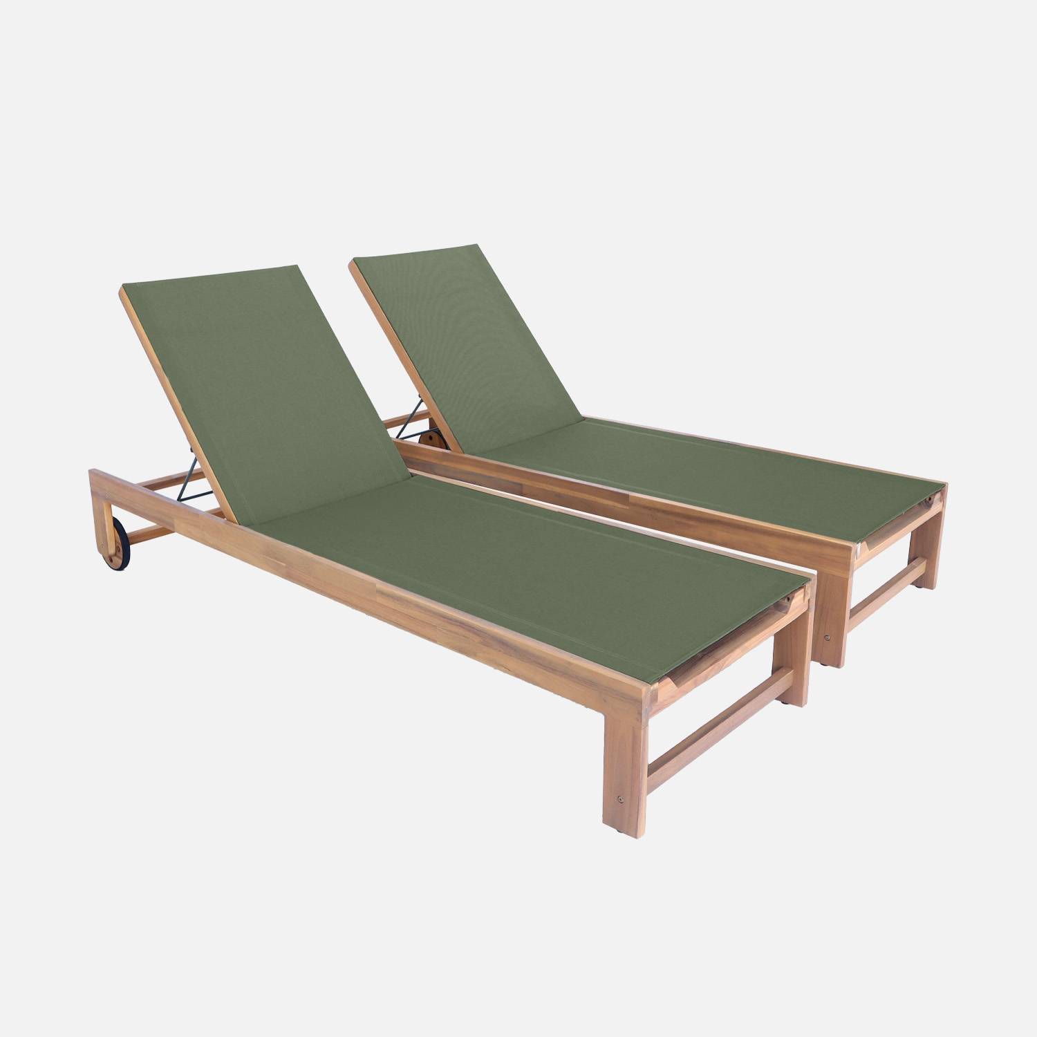 Tumbona de madera de acacia, multiposición, con ruedas, set de 2, Verde kaki