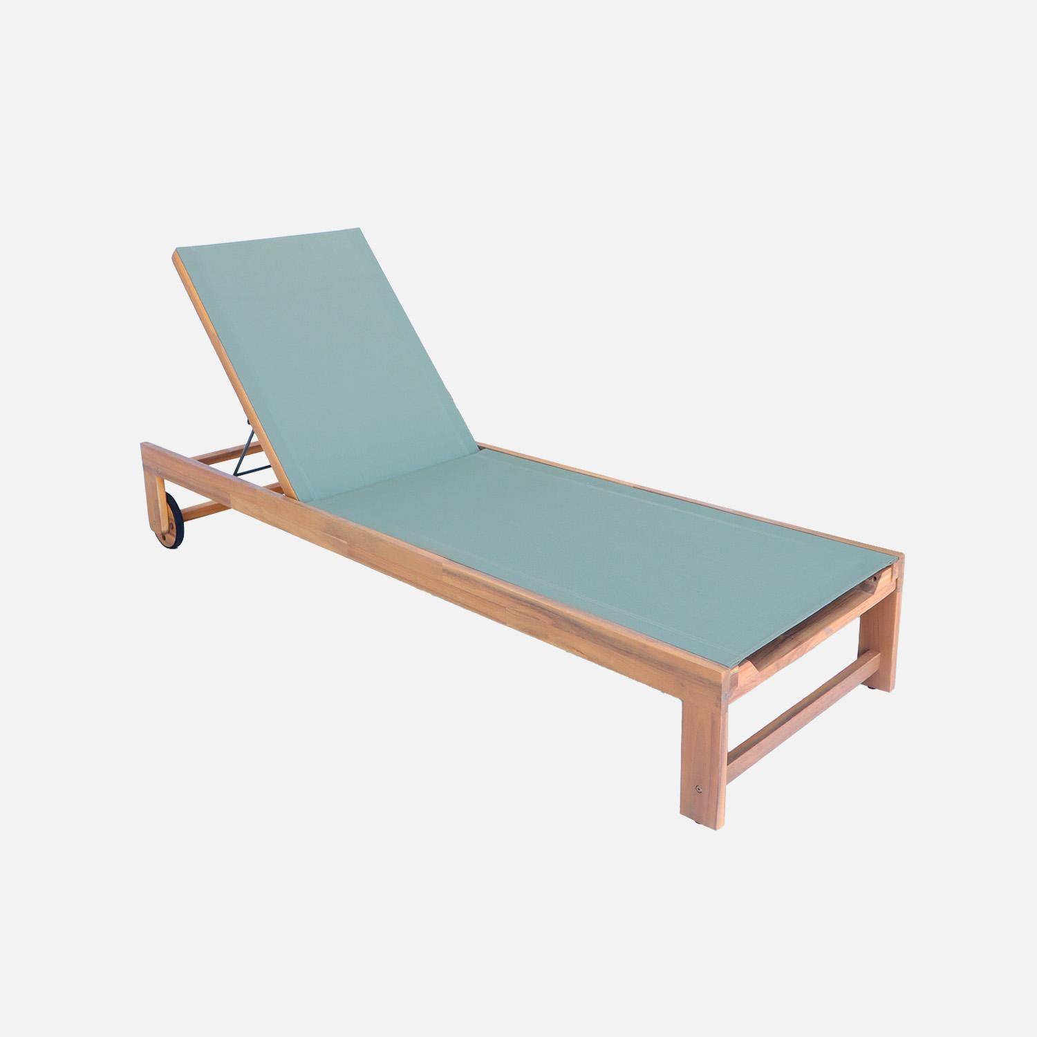 Set van 2 ligstoelen van acaciahout en kaki textileen, multi-instelbaar met wielen Photo6