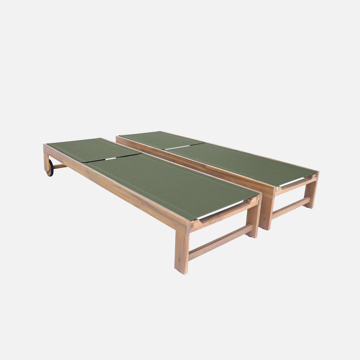 Pair of wooden and multi-position sun loungers with wheels, Tavira, Khaki Green, 200x62x31 cm Photo5