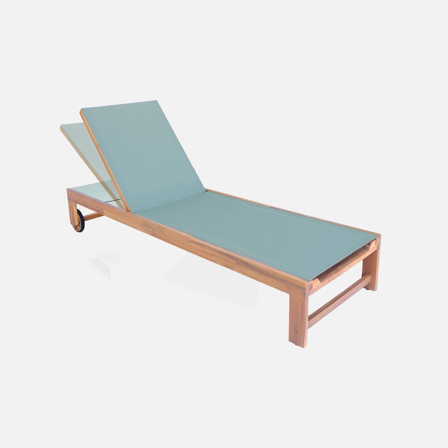 Set van 2 ligstoelen van acaciahout en kaki textileen, multi-instelbaar met wielen Photo4