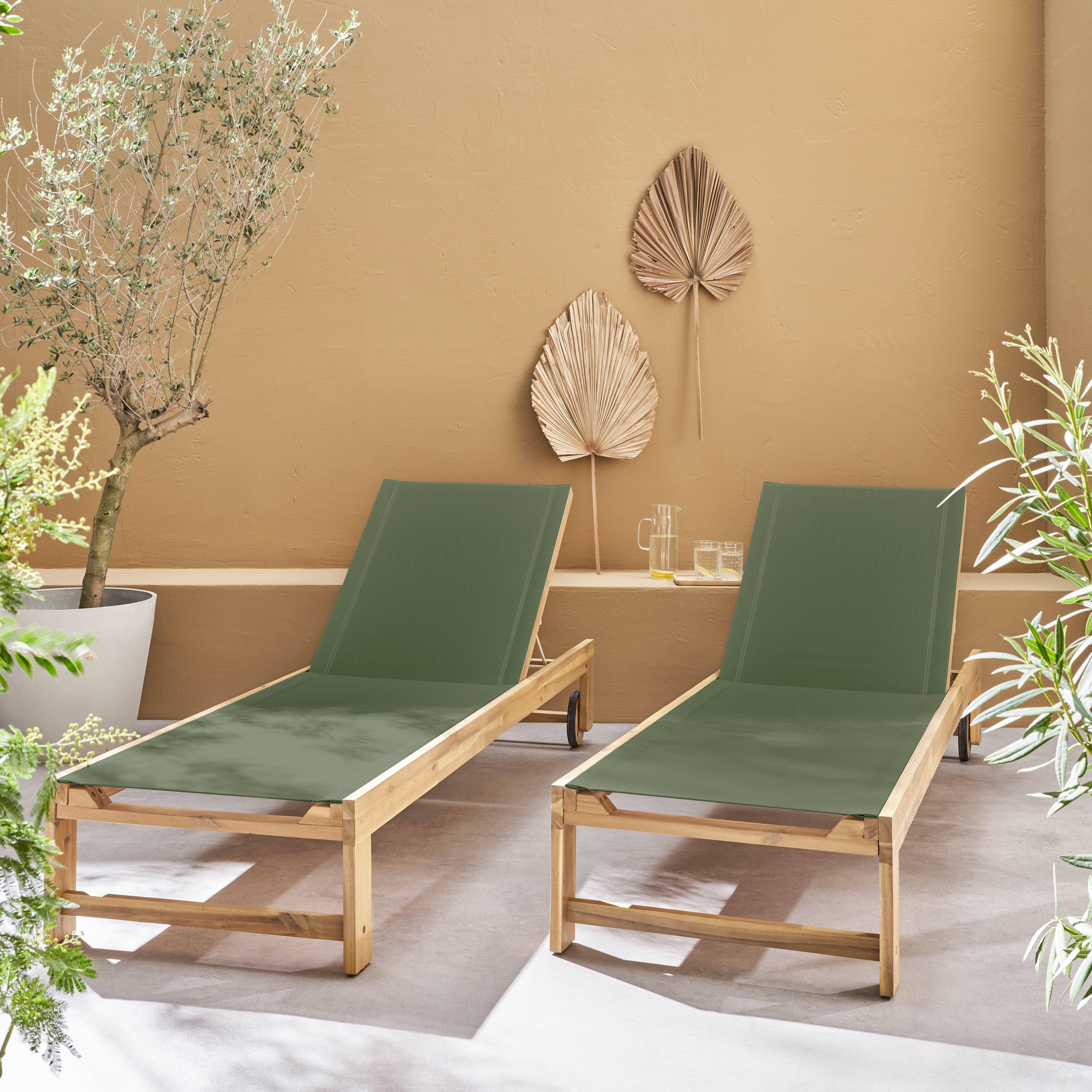 Pair of wooden and multi-position sun loungers with wheels, Tavira, Khaki Green, 200x62x31 cm Photo2