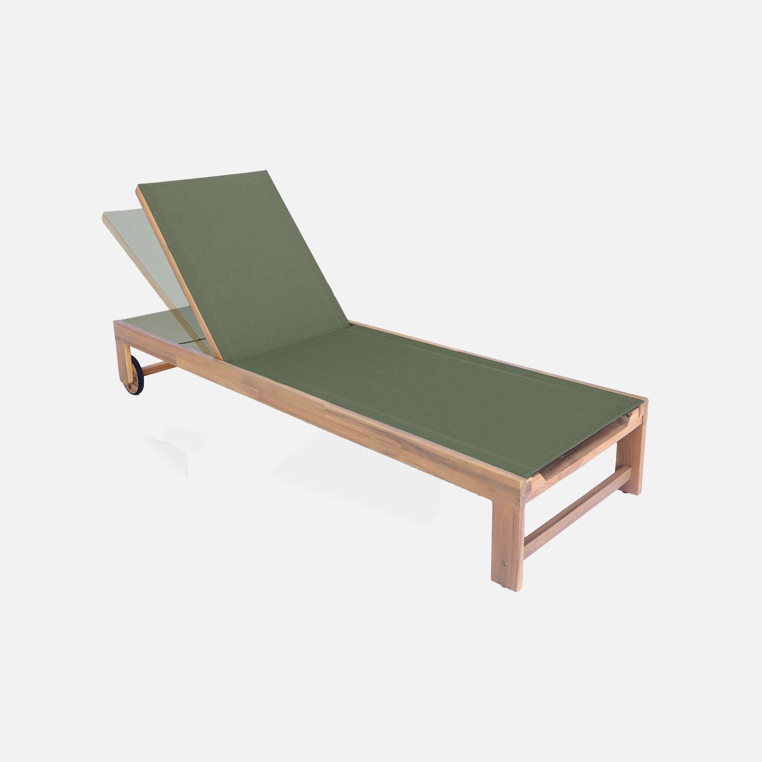 Pair of wooden and multi-position sun loungers with wheels, Tavira, Khaki Green, 200x62x31 cm Photo4