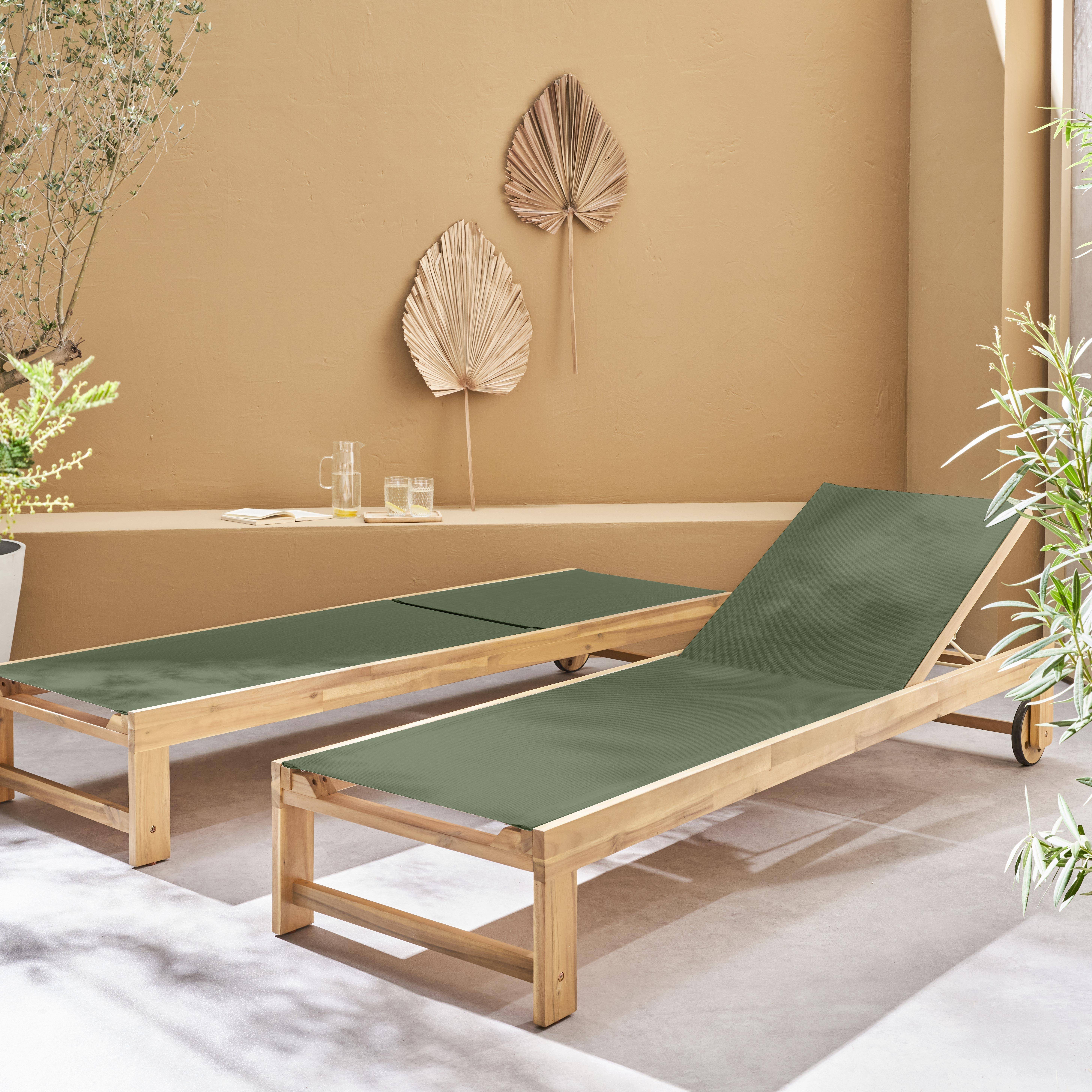 Pair of wooden and multi-position sun loungers with wheels, Tavira, Khaki Green, 200x62x31 cm Photo1