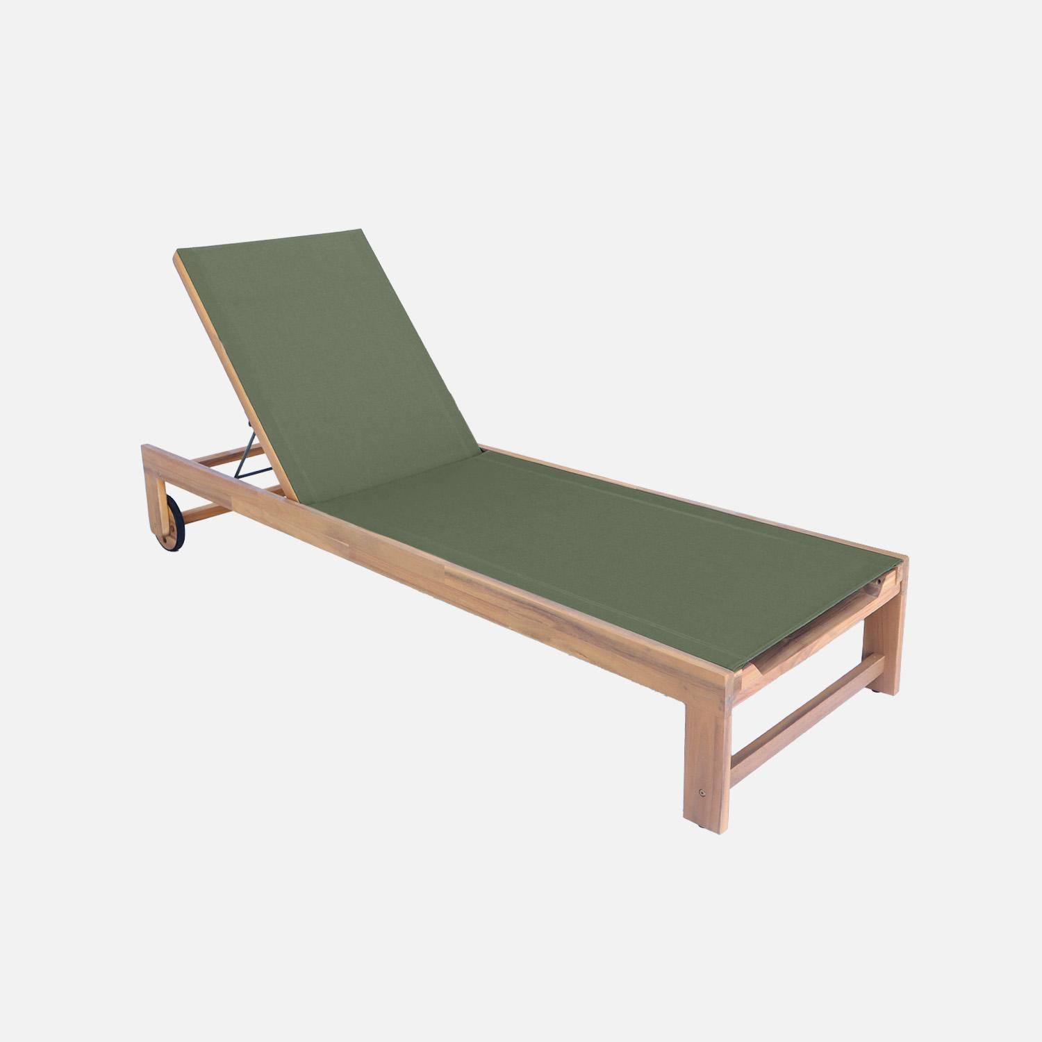 Pair of wooden and multi-position sun loungers with wheels, Tavira, Khaki Green, 200x62x31 cm,sweeek,Photo6