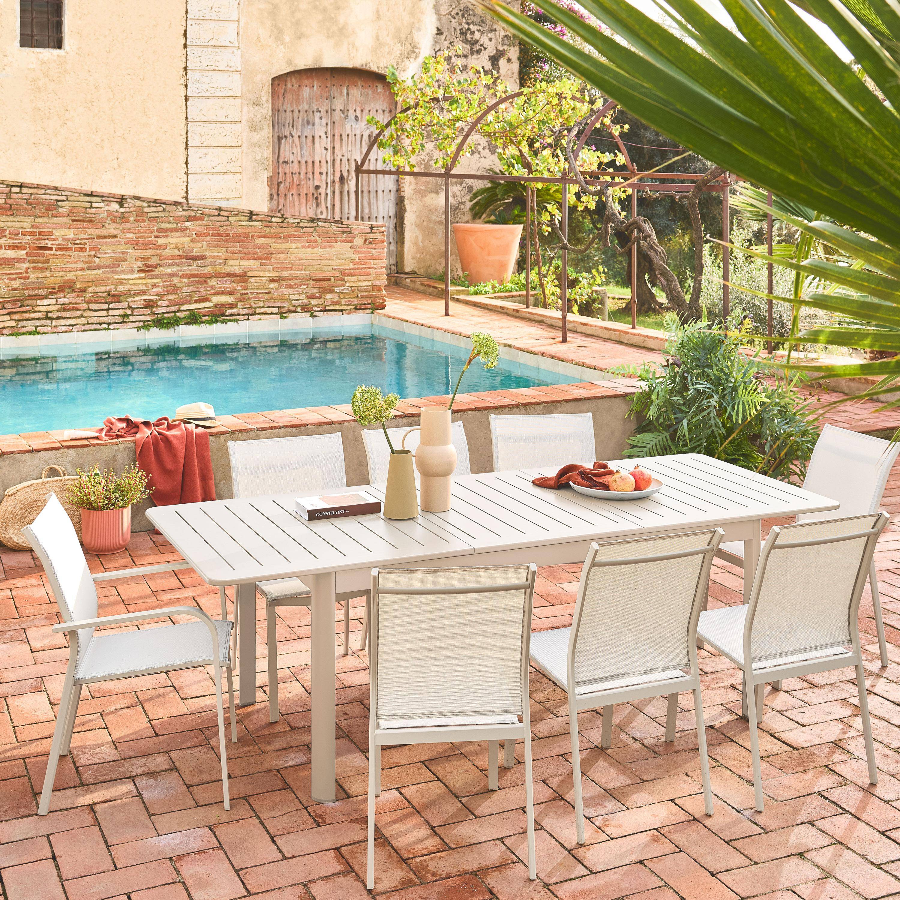 Silla de jardín apilable de aluminio y textilene, set de 2, Cleveland, Beige, 64.5x45.5x89.5 cm Photo1