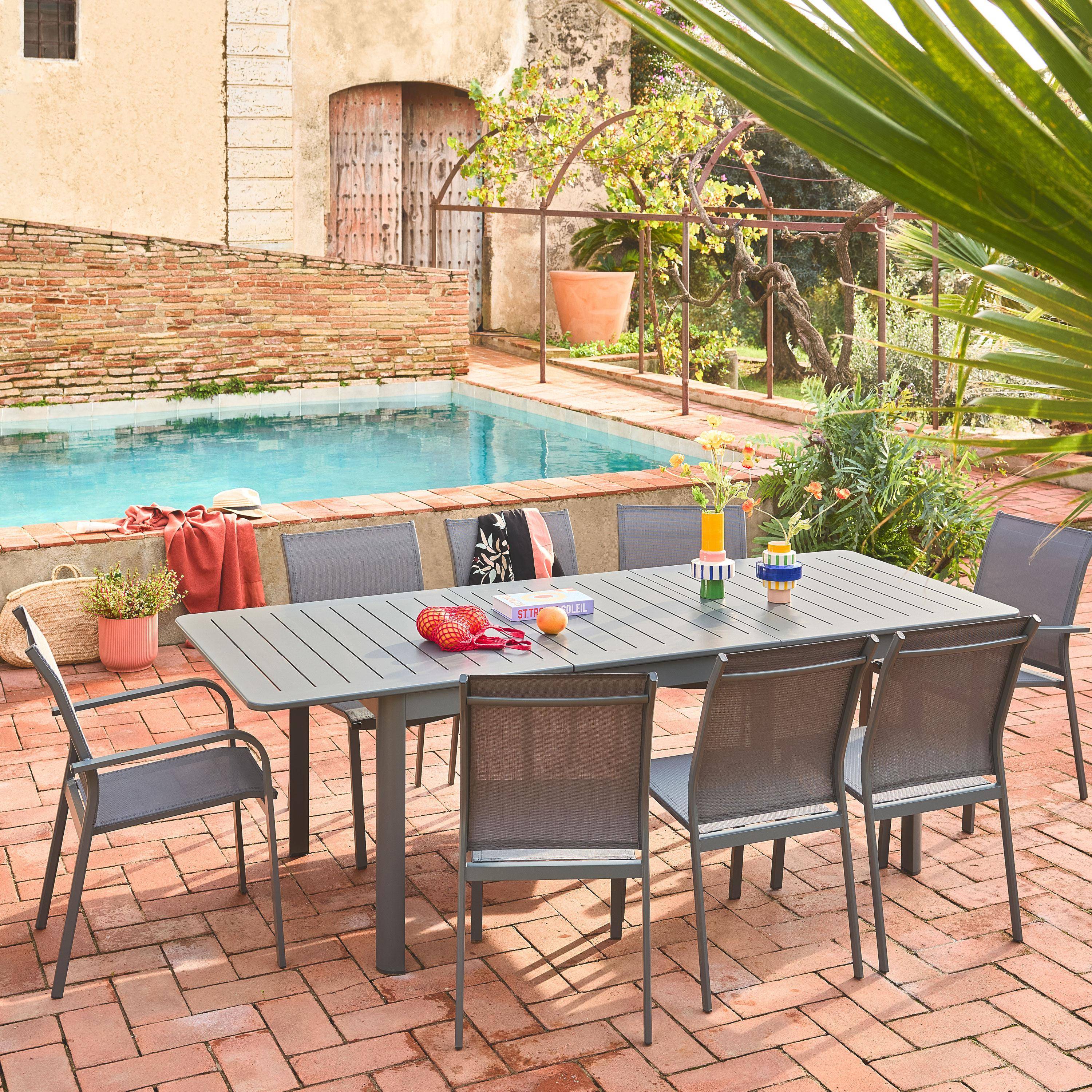 Lot de 4 chaises de jardin CLEVELAND empilables aluminium et textilene anthracite, 64,5 x 45,5 x 89,5 cm Photo1