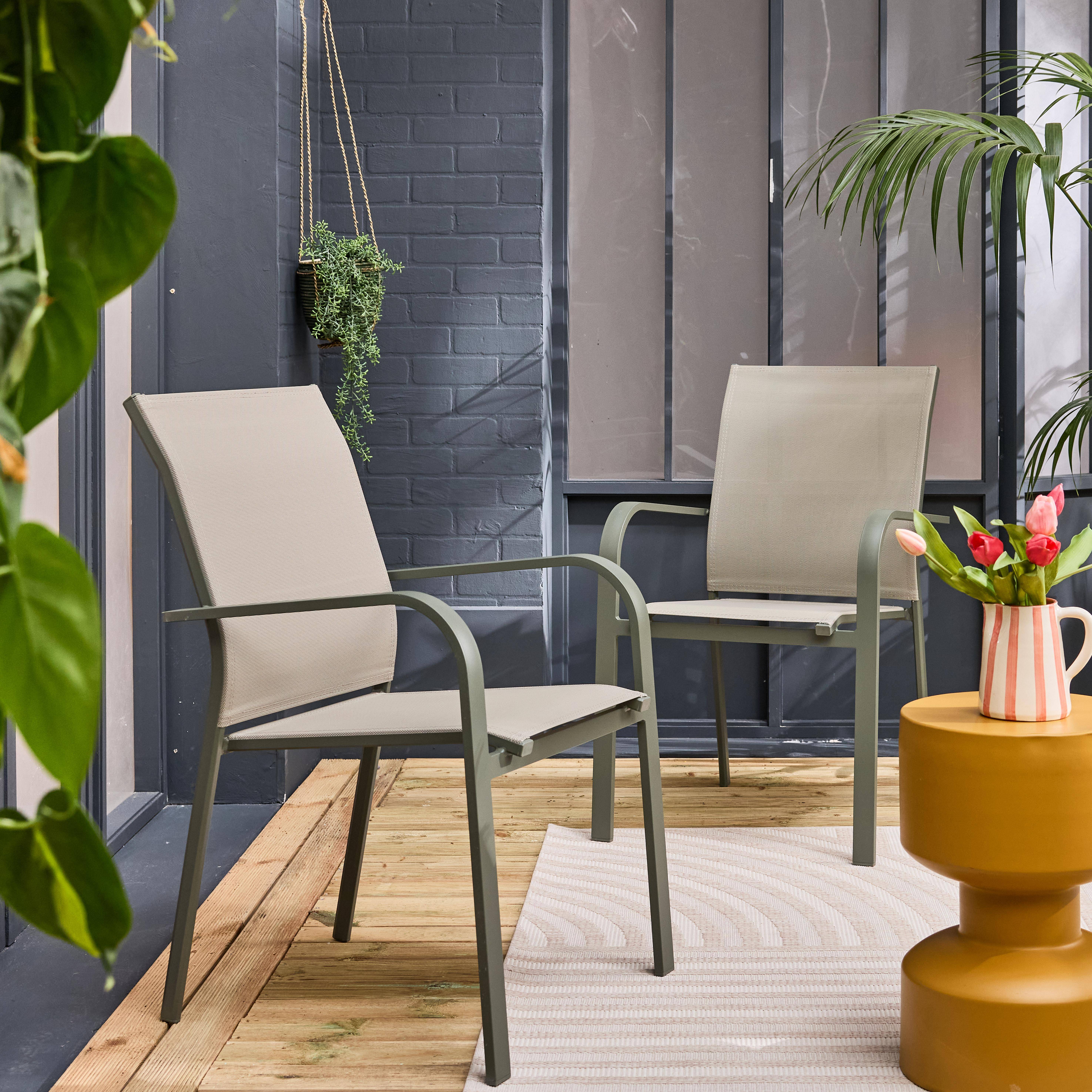 Silla de jardín apilable de aluminio y textileno, set de 2, Buffalo, Verde kaki, 64.5x45.5x89.5 cm,sweeek,Photo2