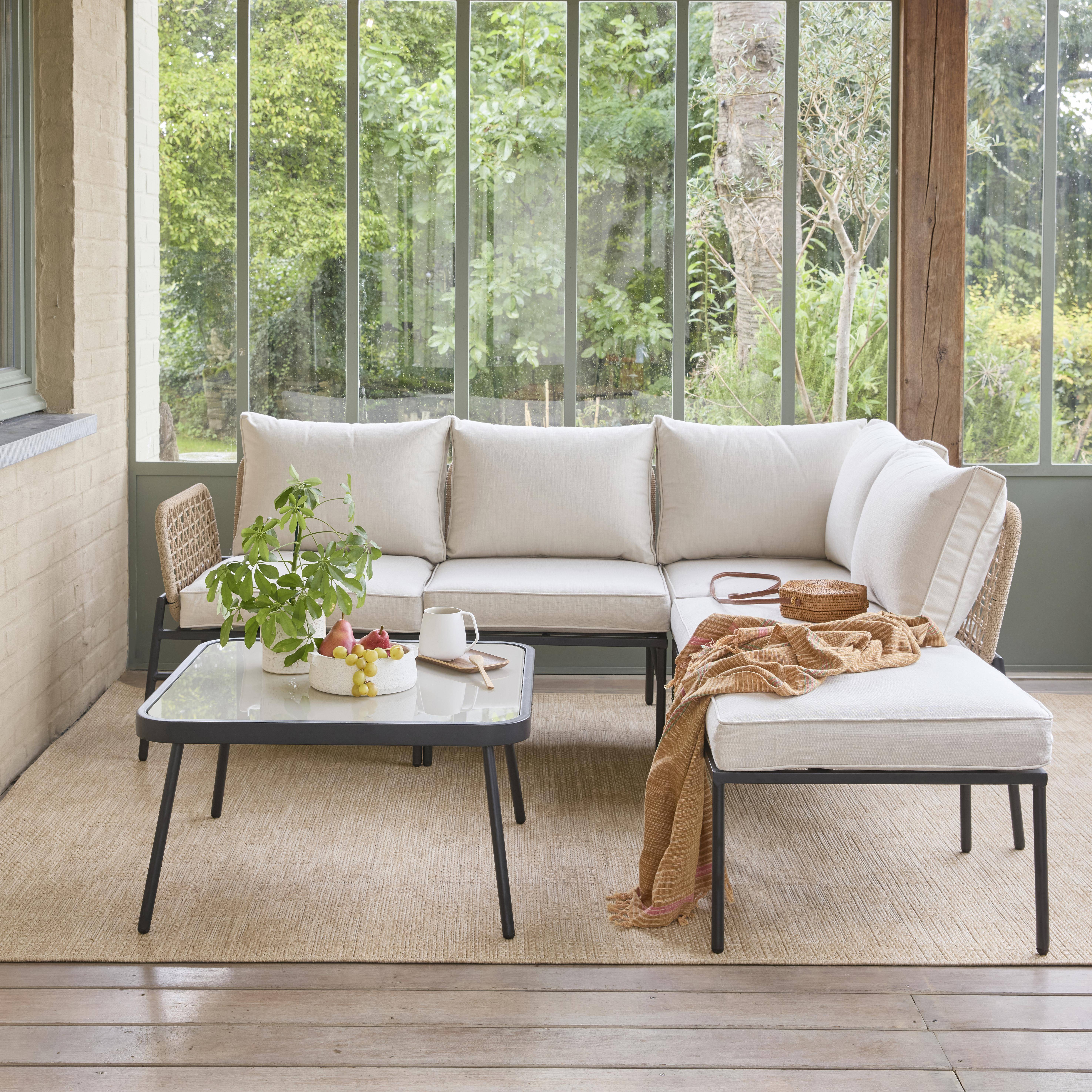 Hoek tuinset van staal en beige touw TALIA, 5 personen Photo1