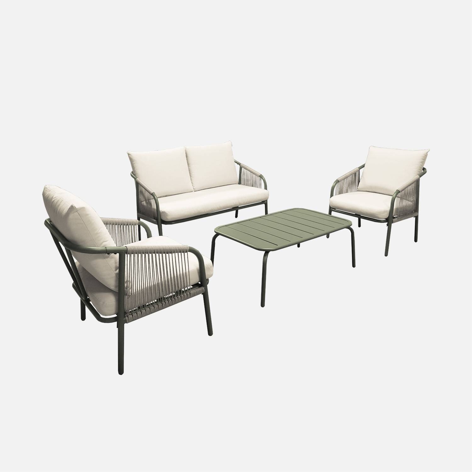 Salon de jardin acier 4 personnes kaki et beige