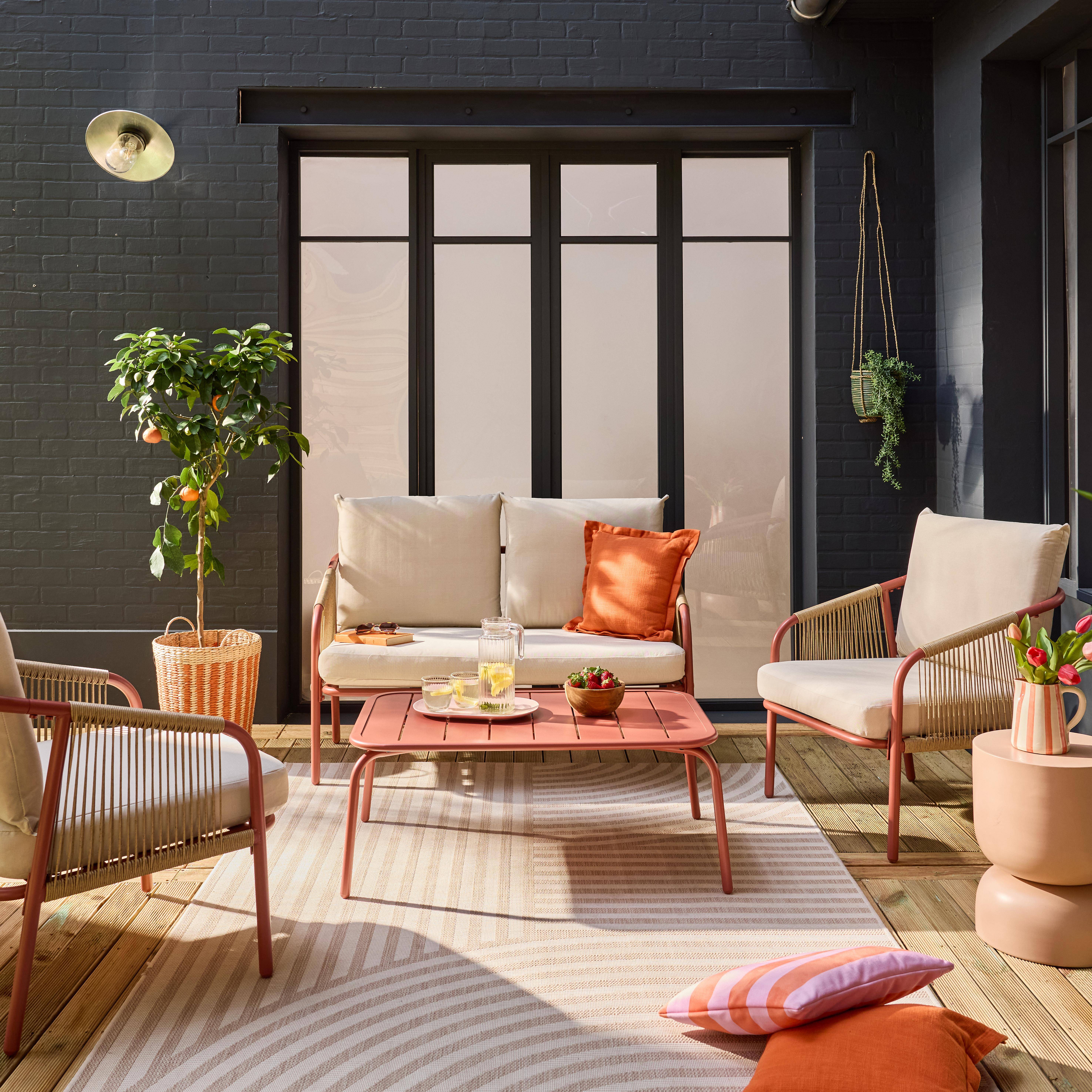Gartenlounge-Set aus Stahl, 4 Personen, terrakotta und beige