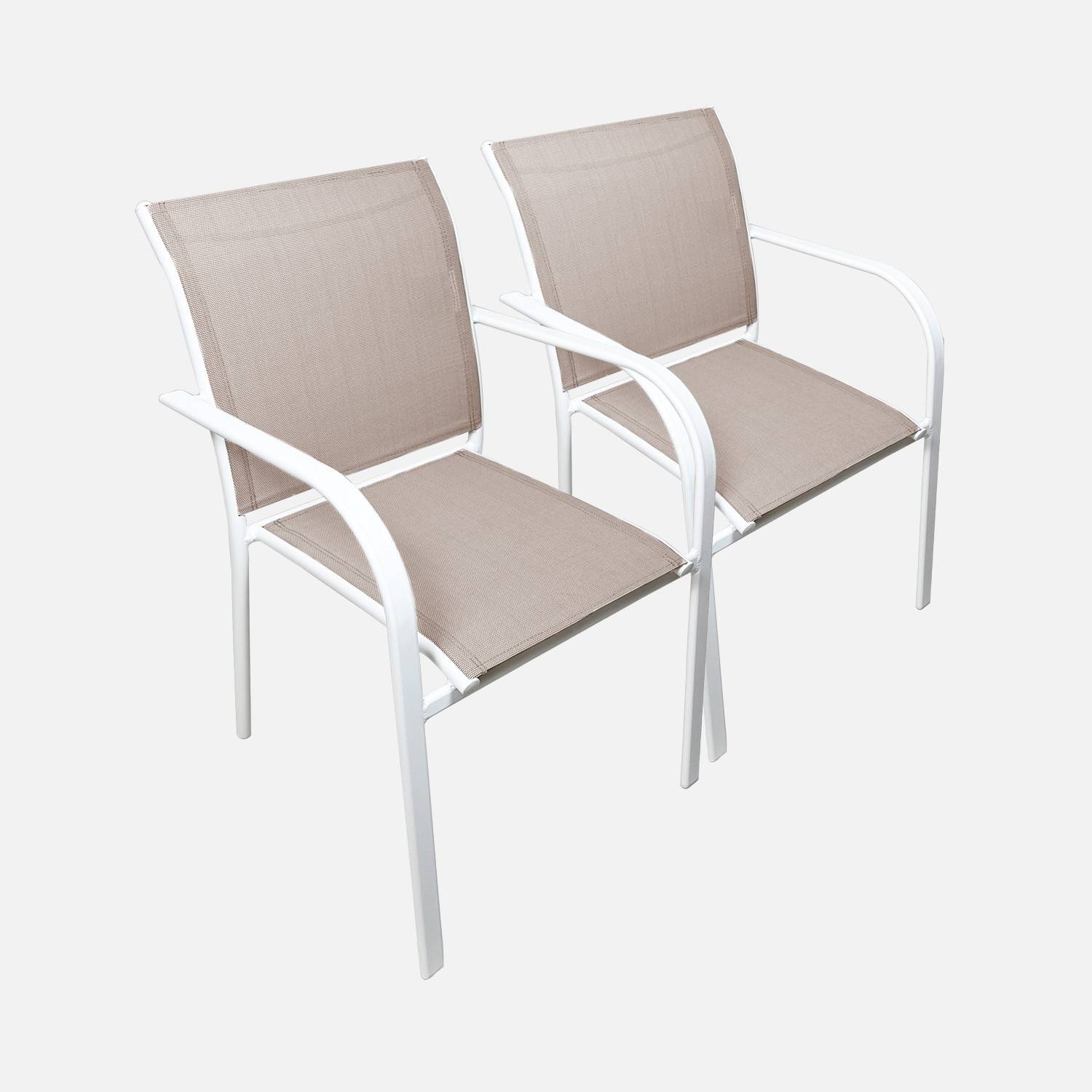 Set van 2 Milena tuinstoelen van aluminium en wit textileen, 62 x 55 x 84 cm.