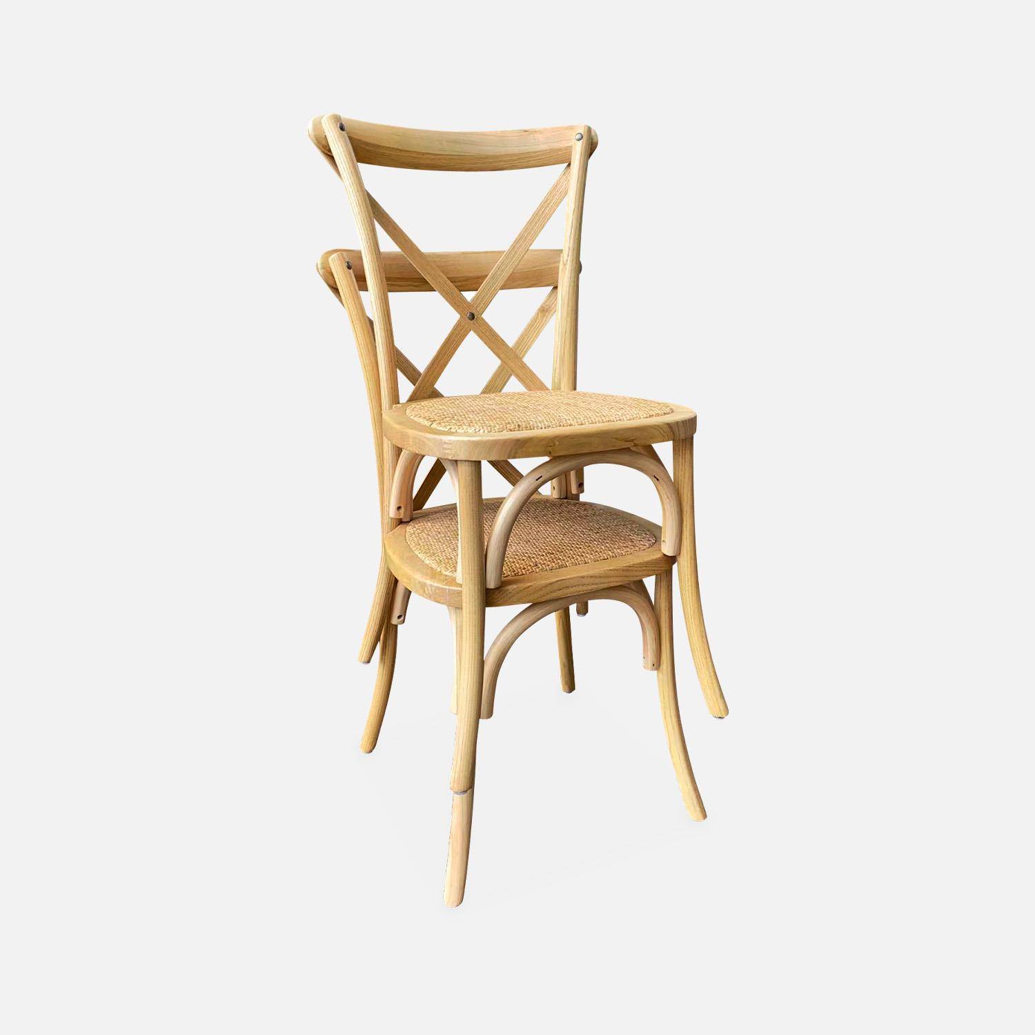 Lot de 4 chaises de bistrot en bois de cédrèle naturel, vintage, assise en rotin, empilables Photo4