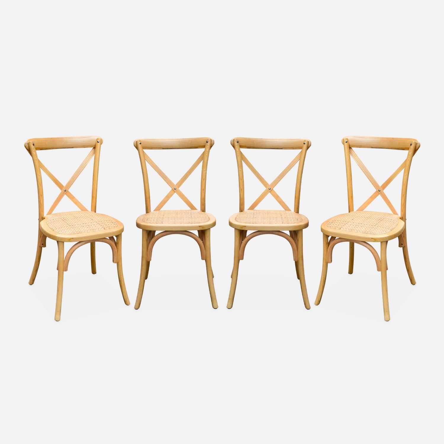 Lot de 4 chaises de bistrot en bois de cédrèle naturel, vintage, assise en rotin, empilables Photo1
