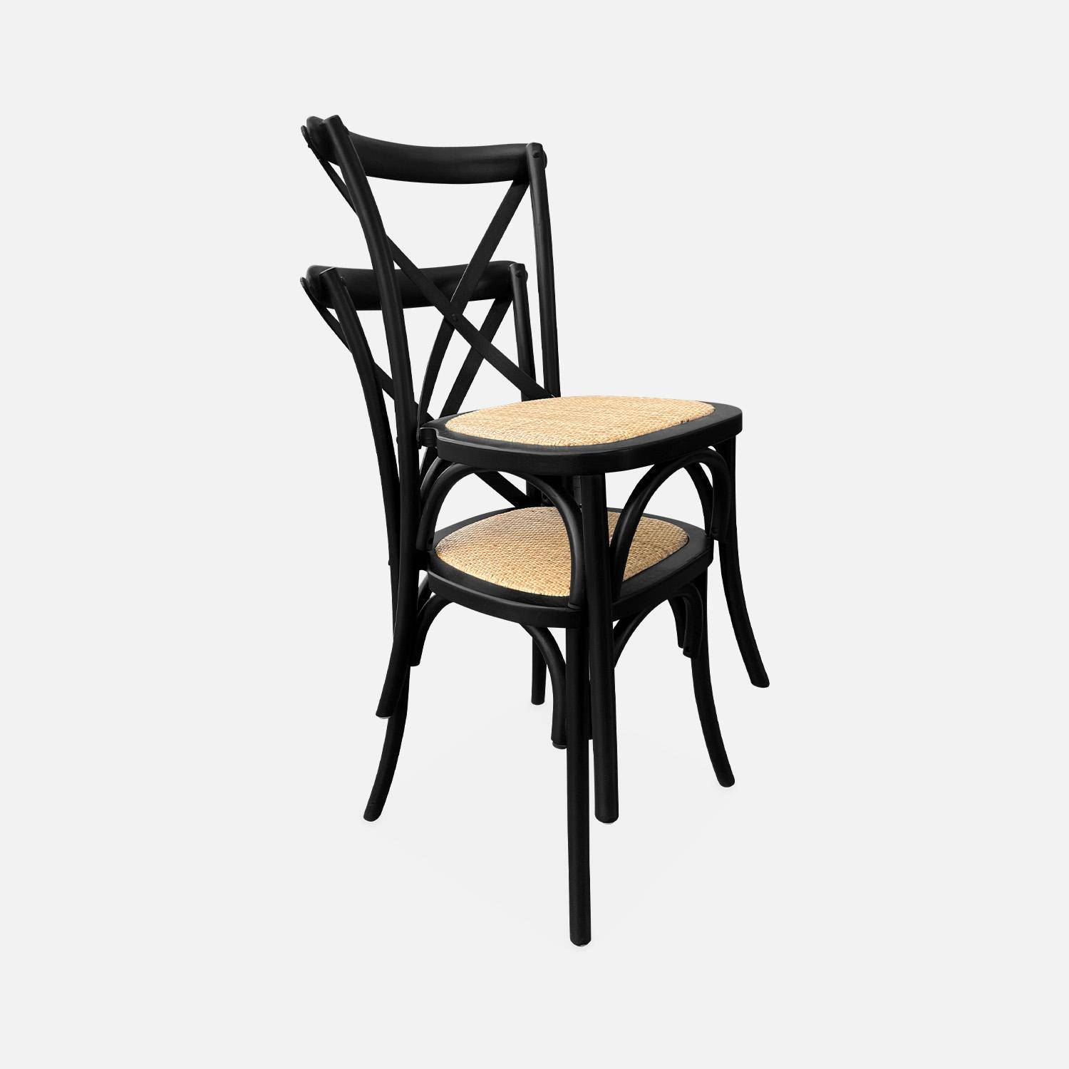 Lot de 4 chaises de bistrot en bois d'hévéa noir, vintage, assise en rotin, empilables Photo4