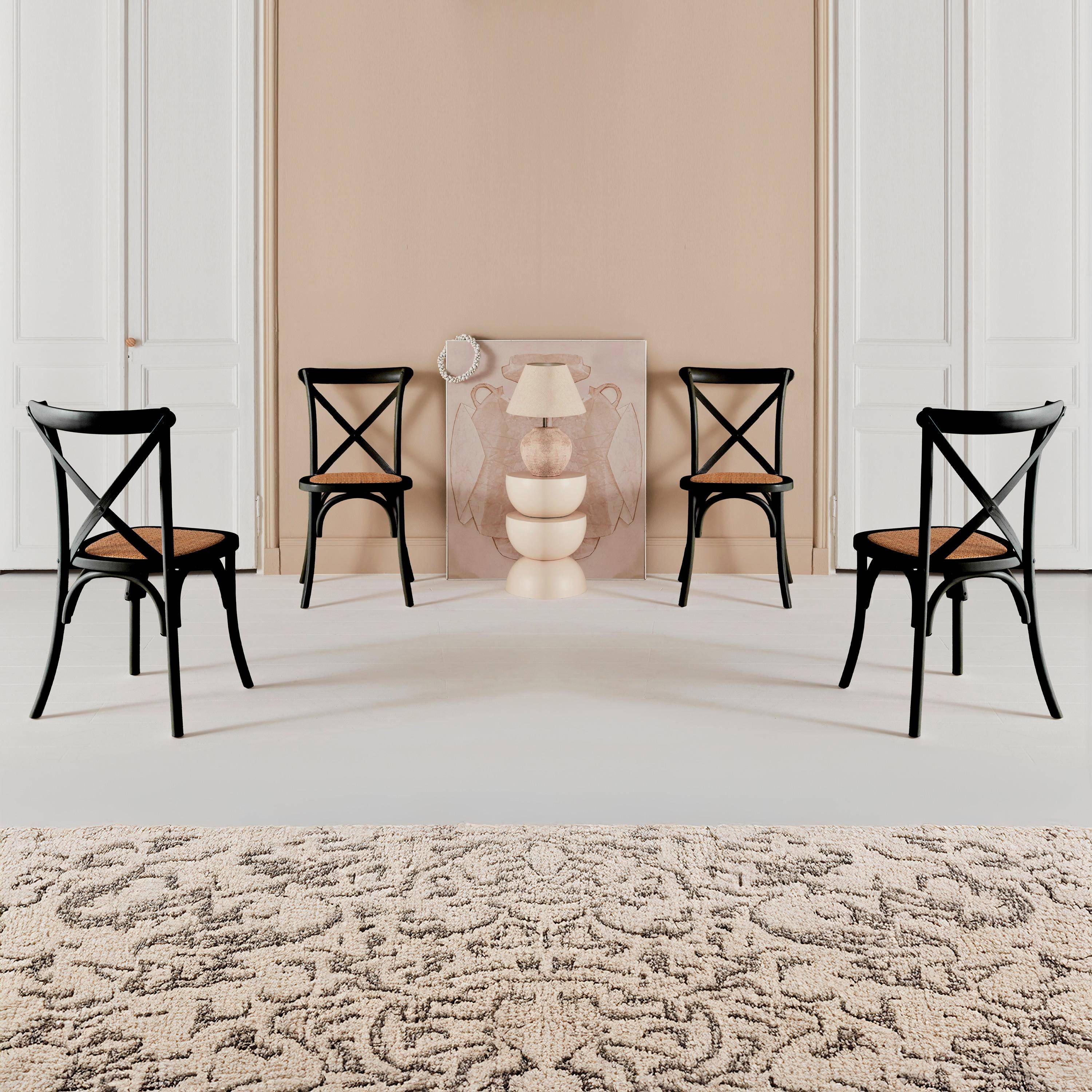 Lot de 4 chaises de bistrot en bois d'hévéa noir, vintage, assise en rotin, empilables Photo1