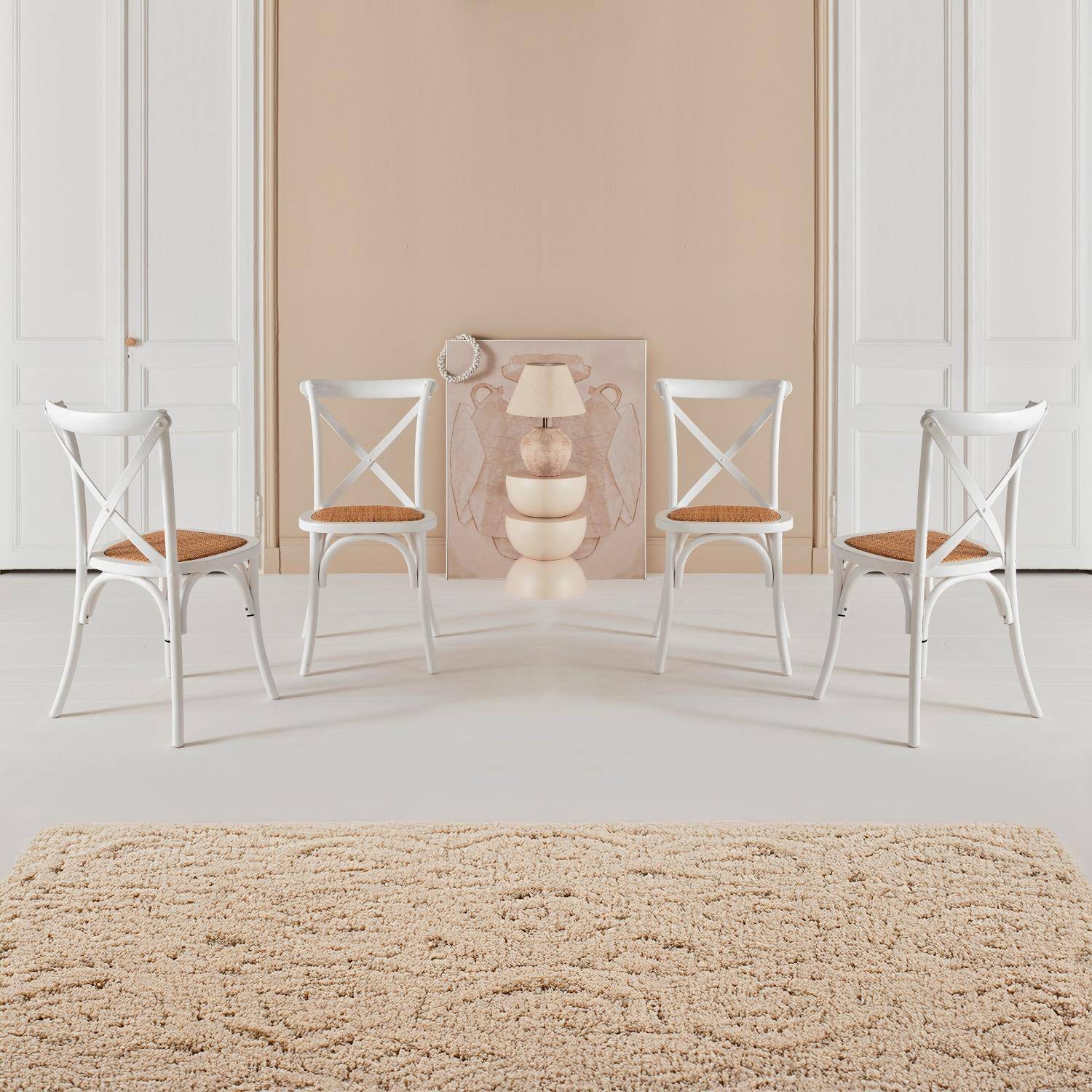 4er-Set Bistrostühle aus weißem Hevea-Holz, Vintage, Sitzfläche aus Rattan, stapelbar - Belleville Photo1