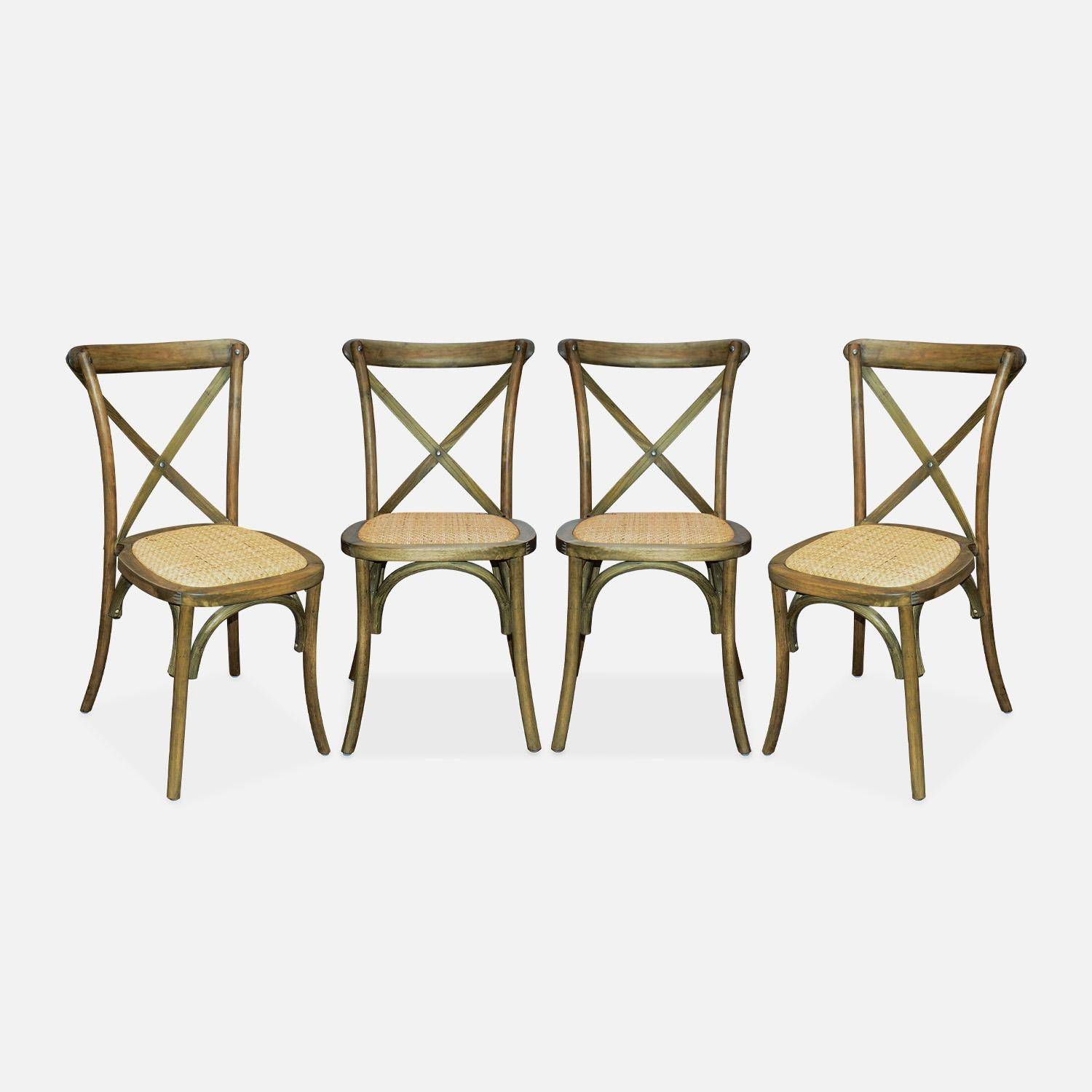 Lot de 4 chaises de bistrot en bois d'hévéa marron vieilli, vintage, assise en rotin, empilables,sweeek,Photo2