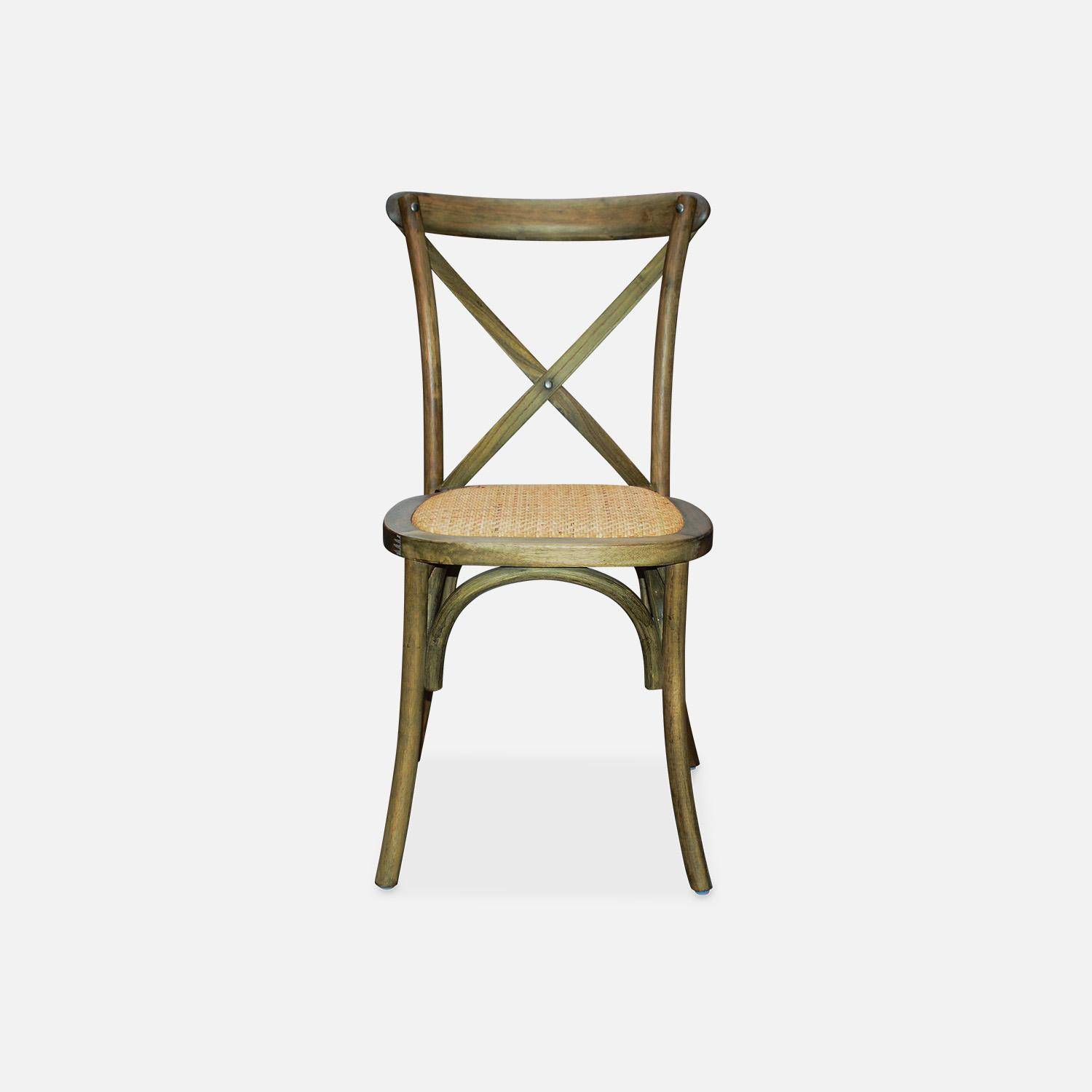 Set van 4 vintage bruine hevea houten bistrostoelen, rotan zitting, stapelbaar Photo2