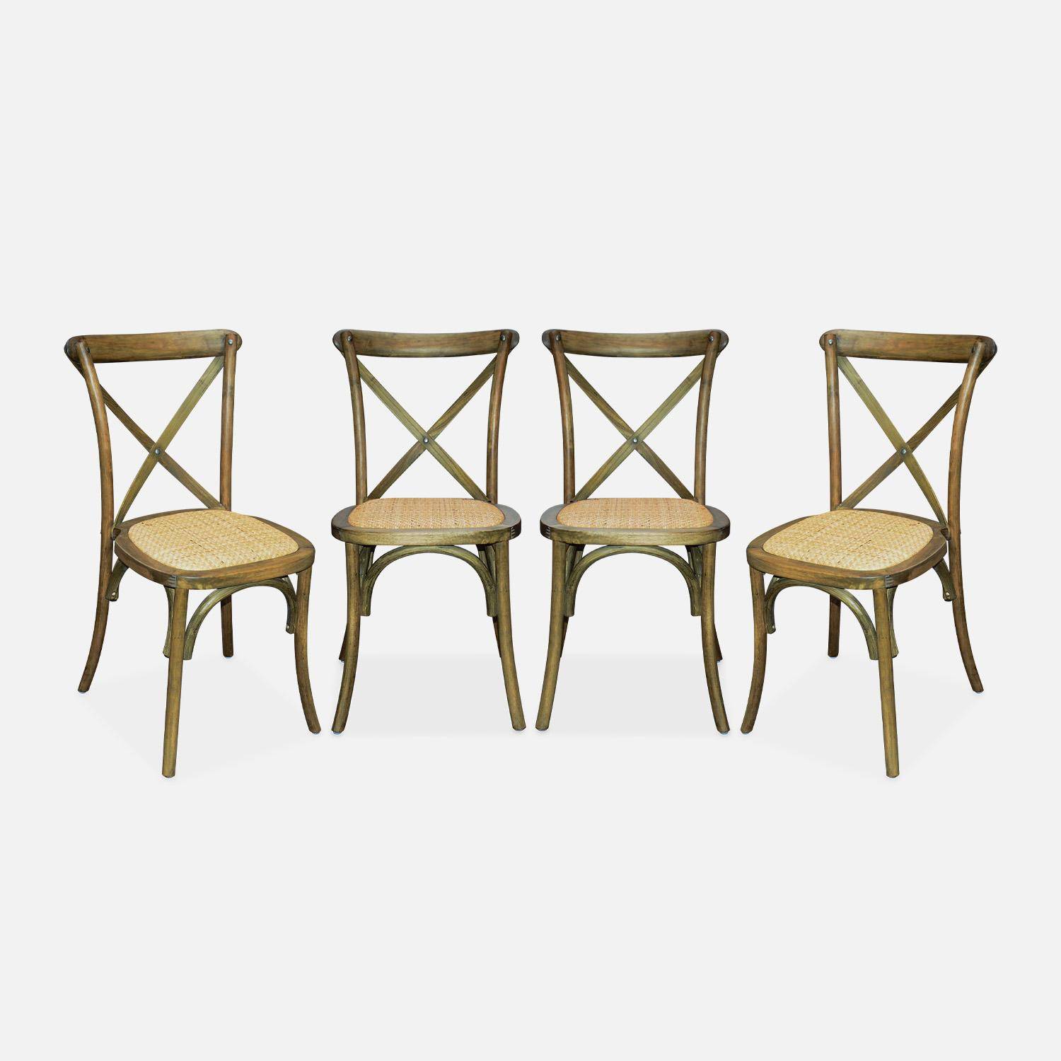 Set van 4 vintage bruine hevea houten bistrostoelen, rotan zitting, stapelbaar Photo1