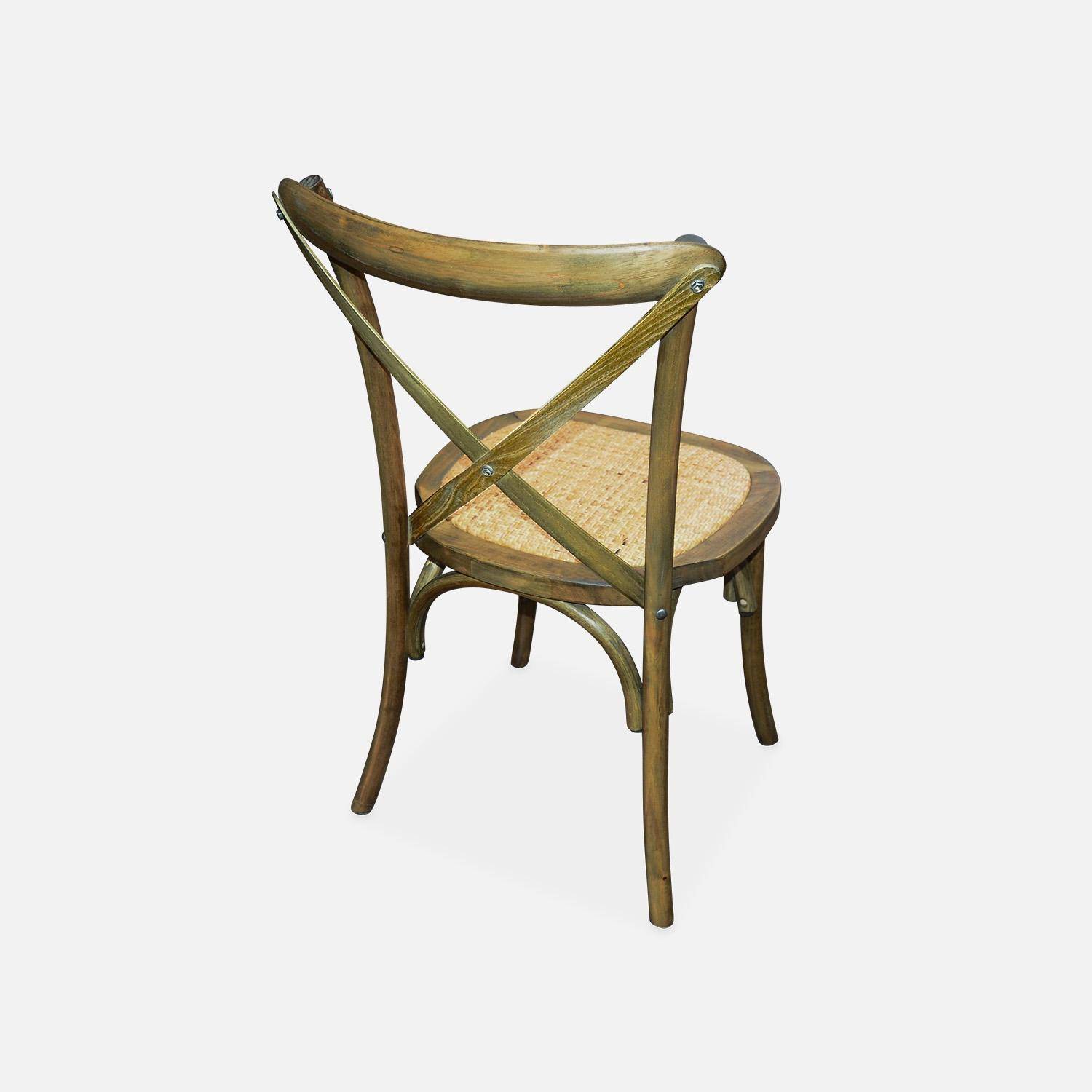 Lot de 4 chaises de bistrot en bois d'hévéa marron vieilli, vintage, assise en rotin, empilables,sweeek,Photo4