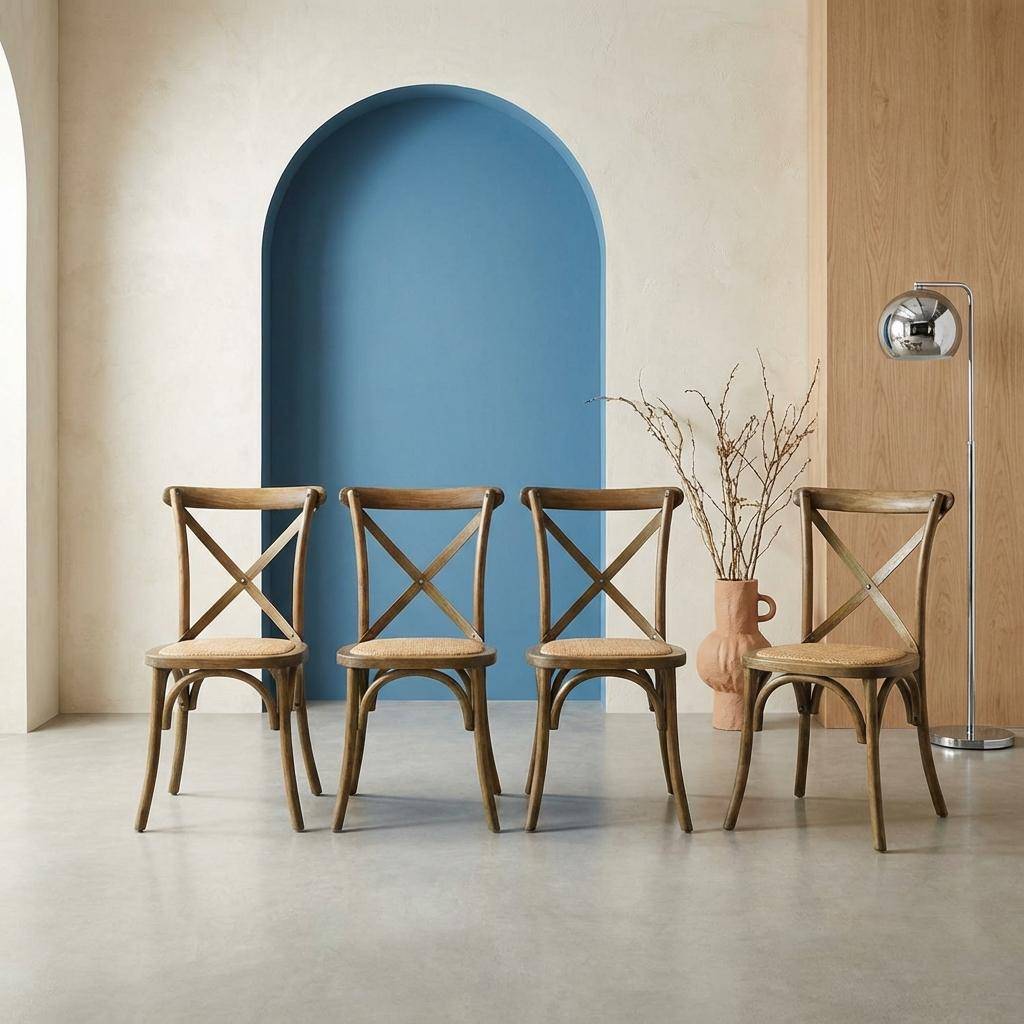 Lot de 4 chaises de bistrot en bois d'hévéa marron vieilli, vintage, assise en rotin, empilables Photo1