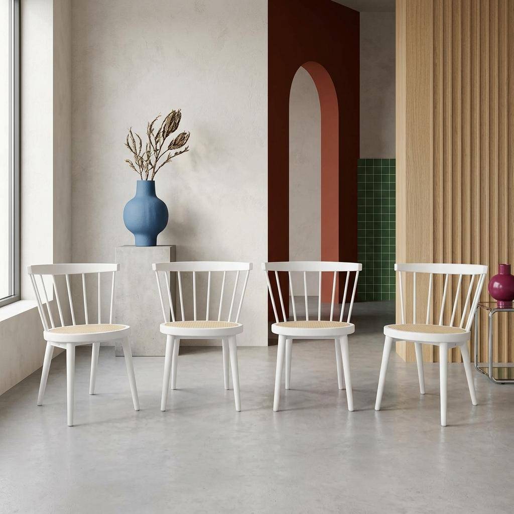 Set van 4 witte stoelen van hout en riet, Nora, L 53 x D 53,5 x H 76cm Photo1