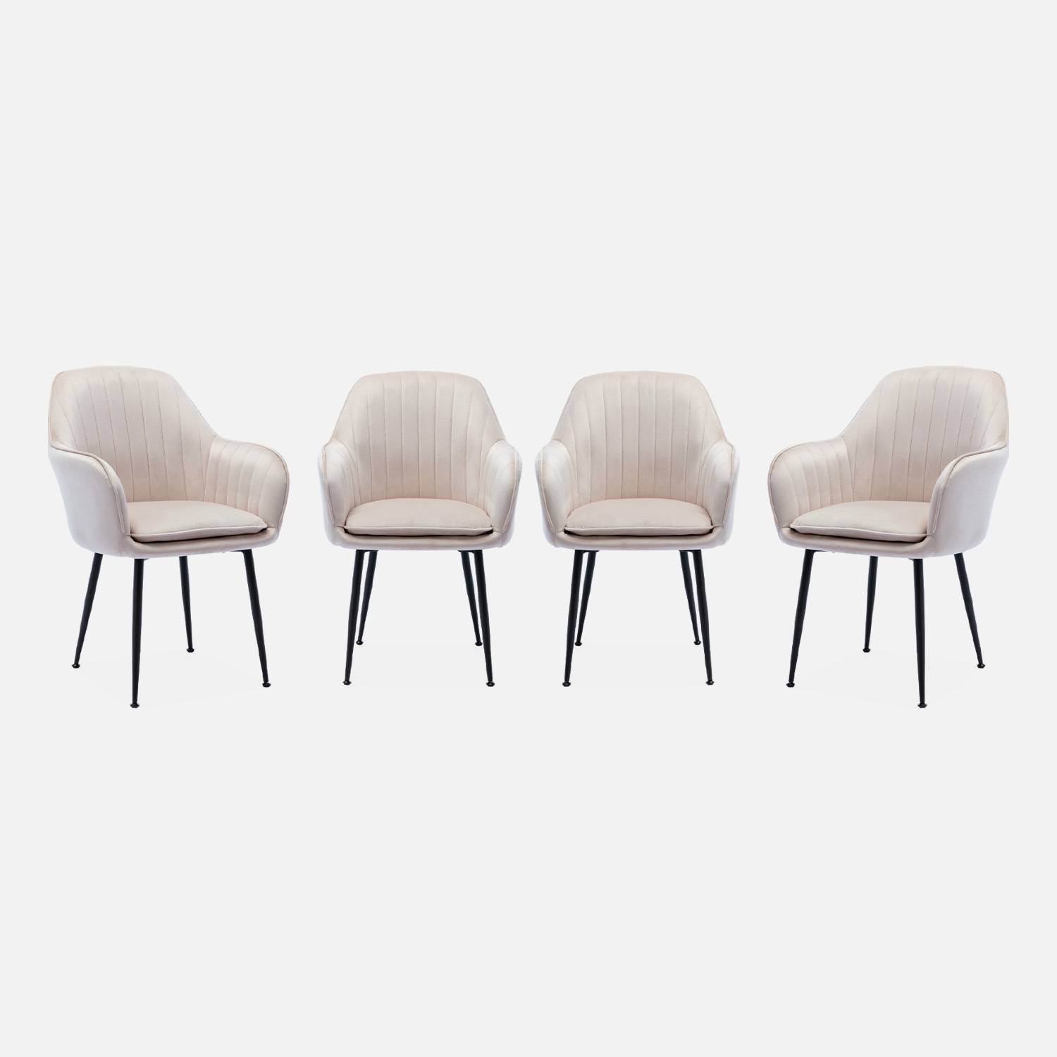 Lot de 4 fauteuils velours et pieds métal, blanc cassé