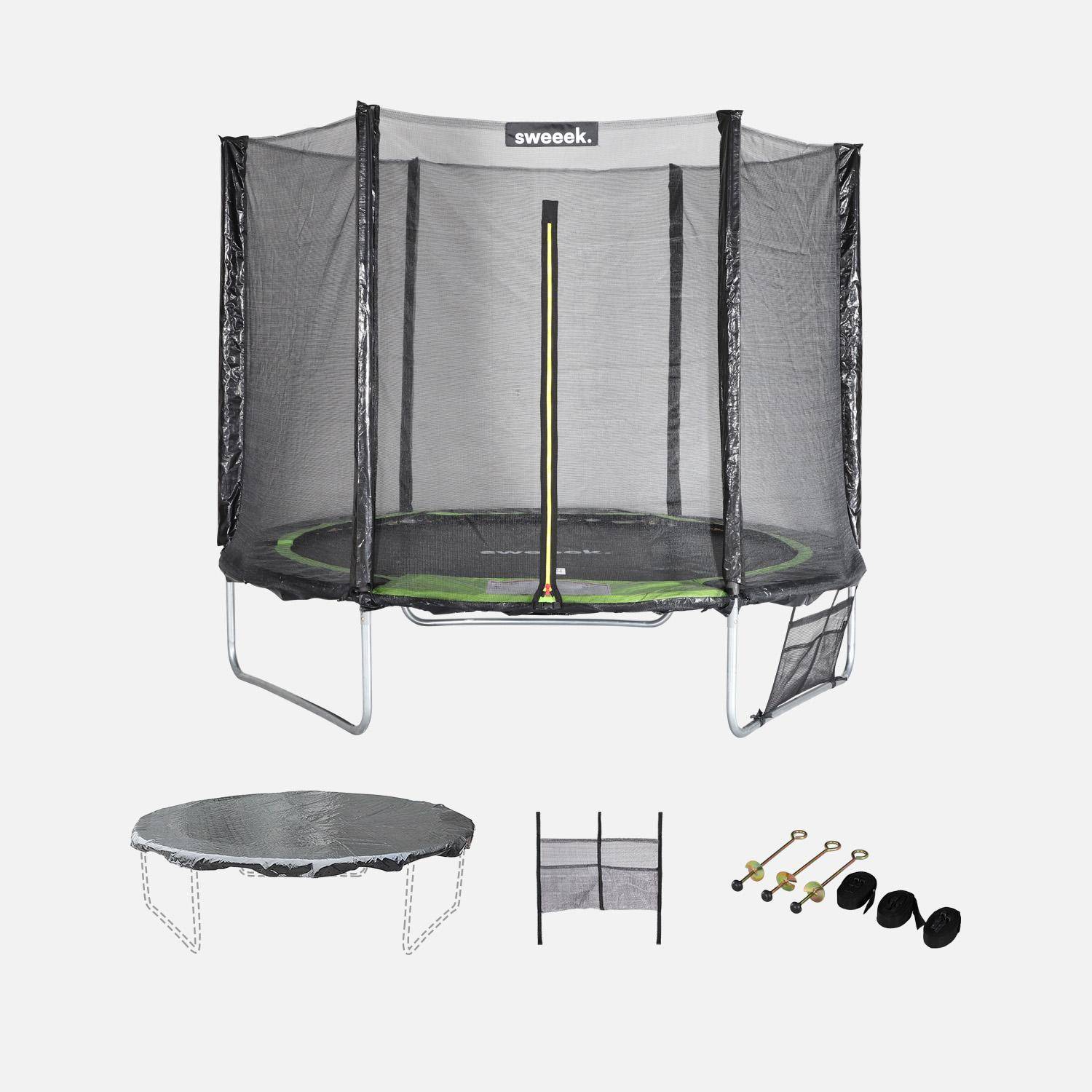 Trampoline 250 cm, vert, avec filet de protection, bâche, filet pour chaussures, kit d’ancrage Photo1 Trampoline 250 cm, vert, avec filet de protection, bâche, filet pour chaussures, kit d’ancrage Photo1