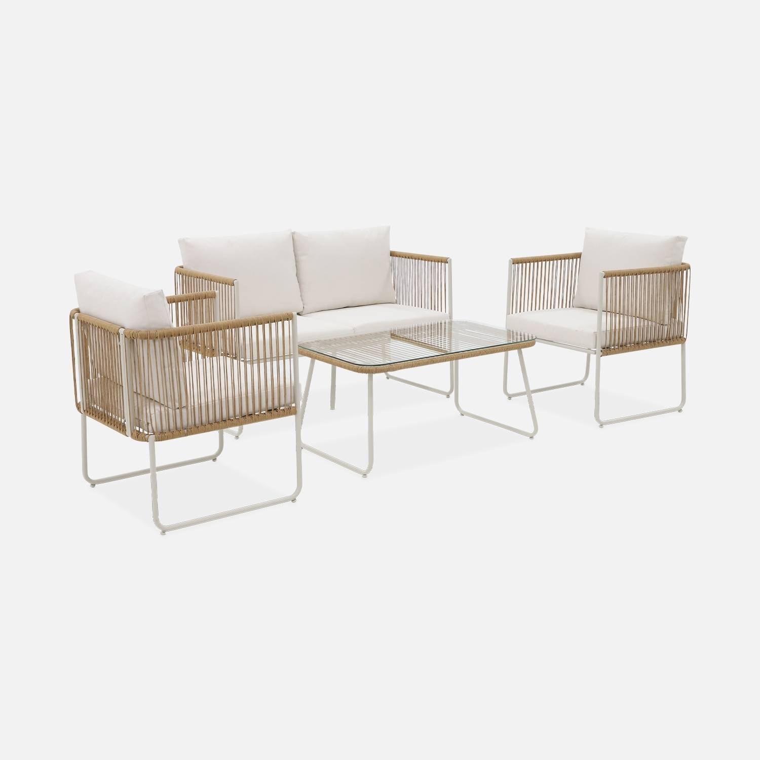 4-seater garden sofa set with plastic ropes in galvanised steel, Natural