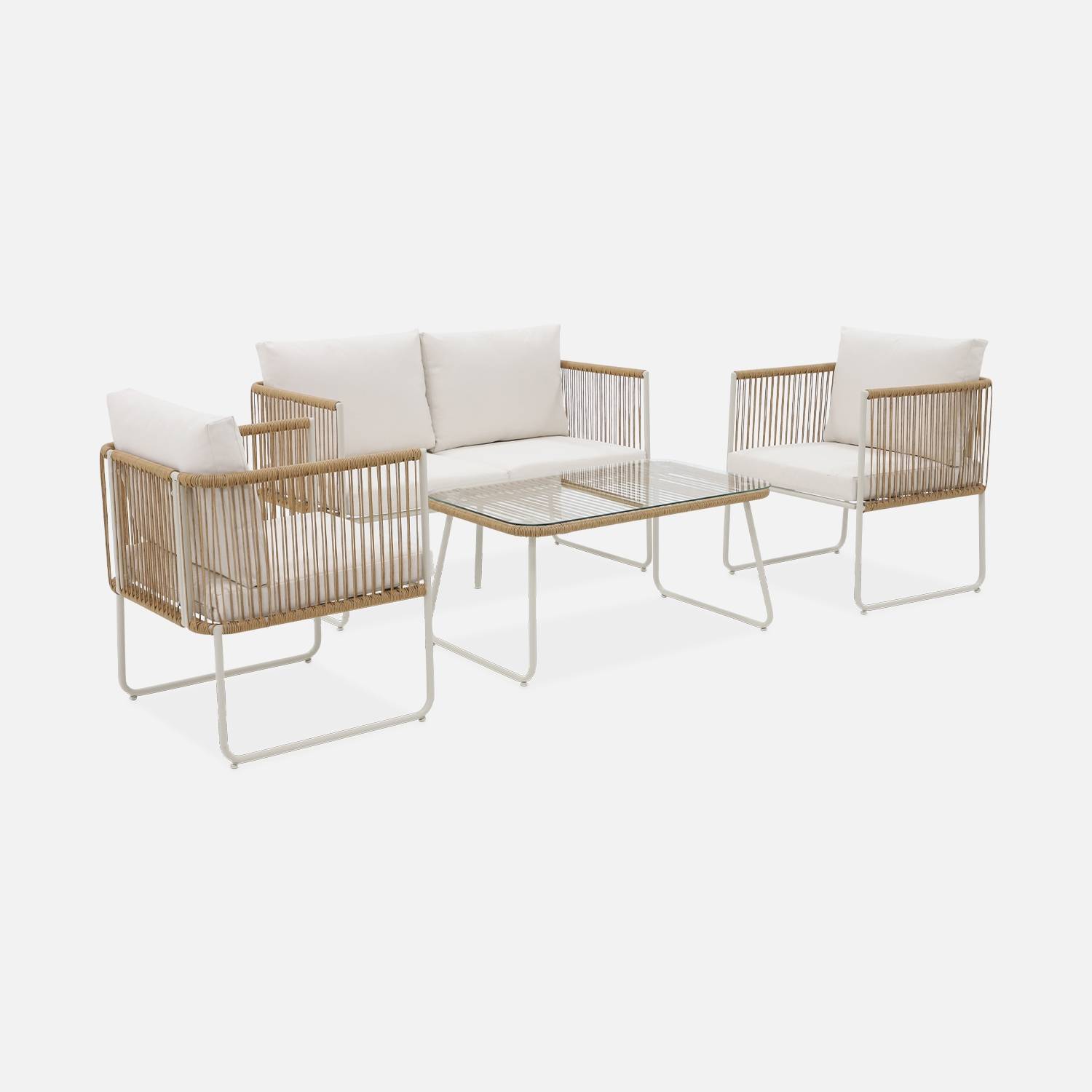 4-seater garden sofa set with plastic ropes in galvanised steel, Natural
