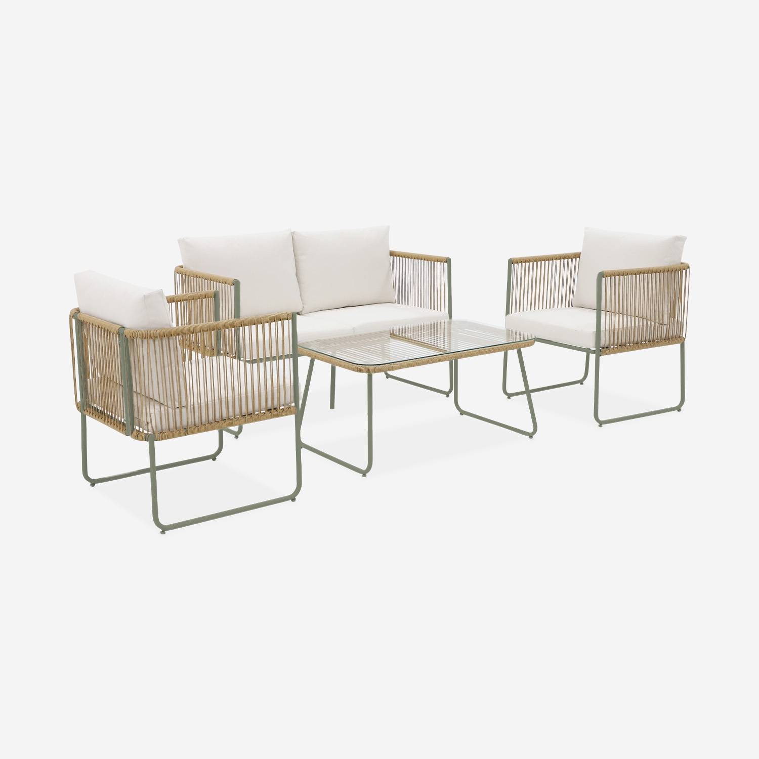 4-seater garden sofa set with plastic ropes in galvanised steel, Khaki Green