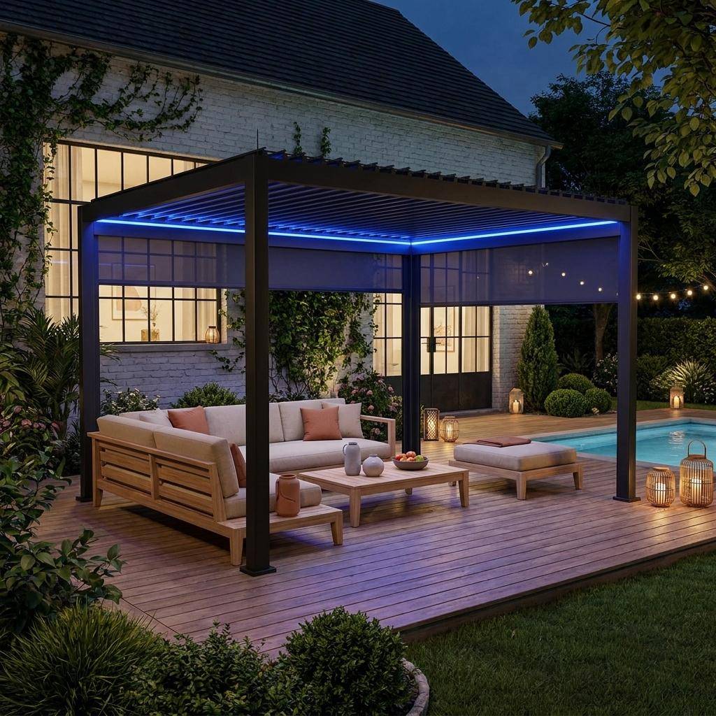 LED Pergola mit motorisiertem Lamellendach Triomphe 3x4m + Markise 3m + Markise 4m anthrazit  Photo1