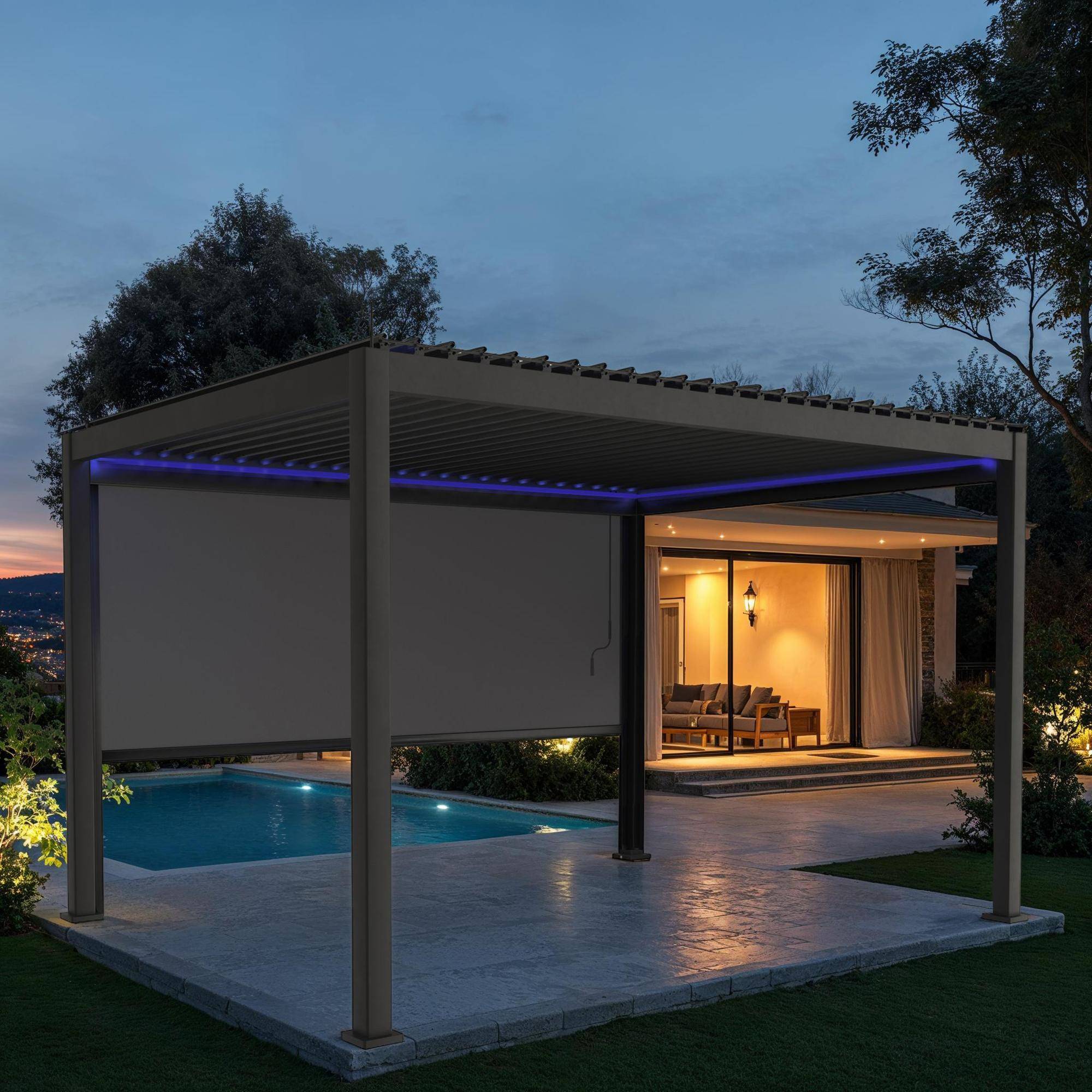 Pergola bioclimatica 3x4m LED motorizzata in alluminio + 1 tenda 3m, Antracite Photo1