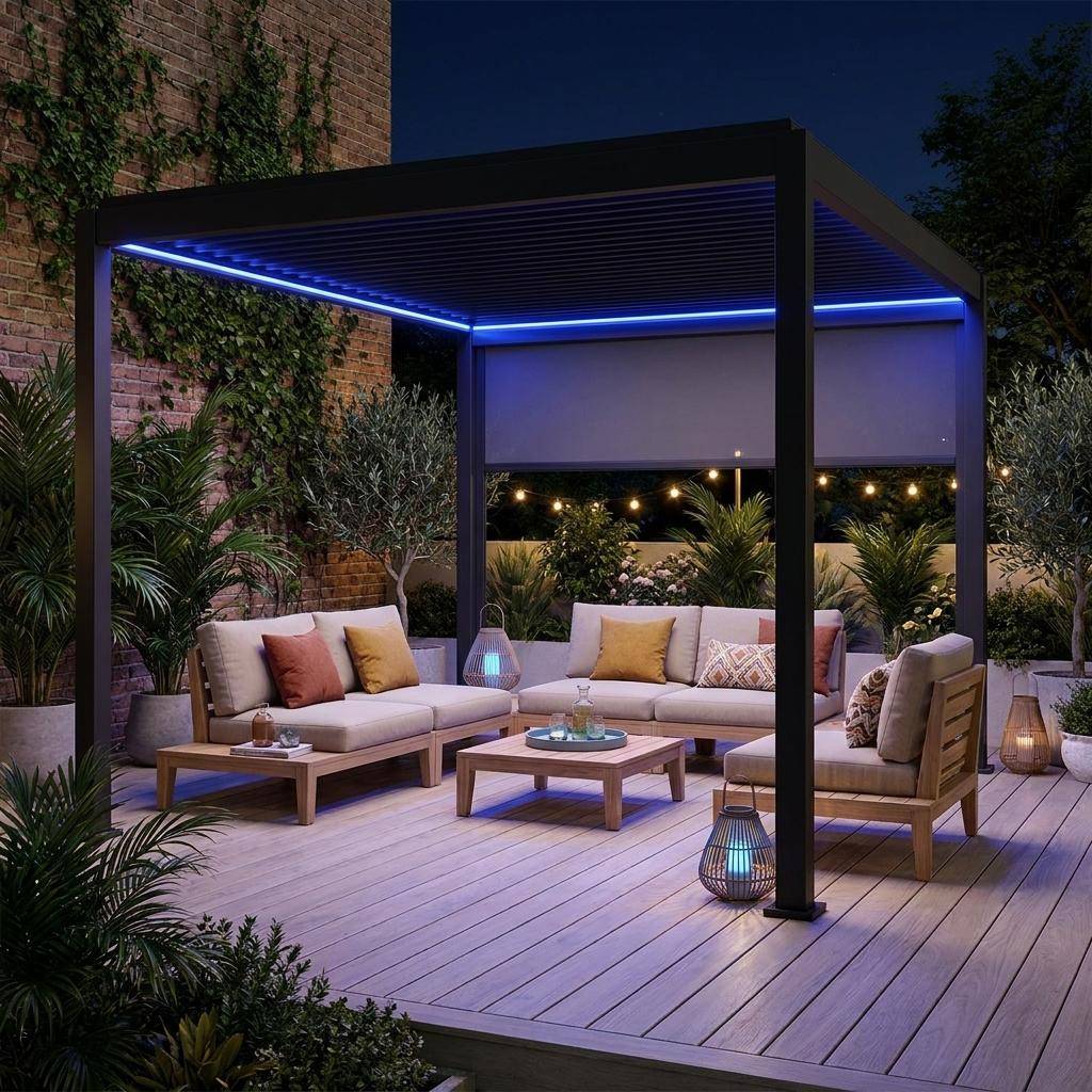 Pergola bioclimatique électrique 3x4m, aluminium, à lames orientables avec éclairage LED + store 3m Photo1