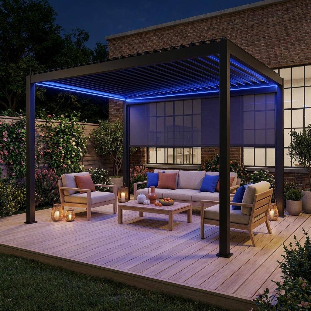 Pergola bioclimatique électrique 3x4m, aluminium, à lames orientables avec éclairage LED + store 4m Photo1