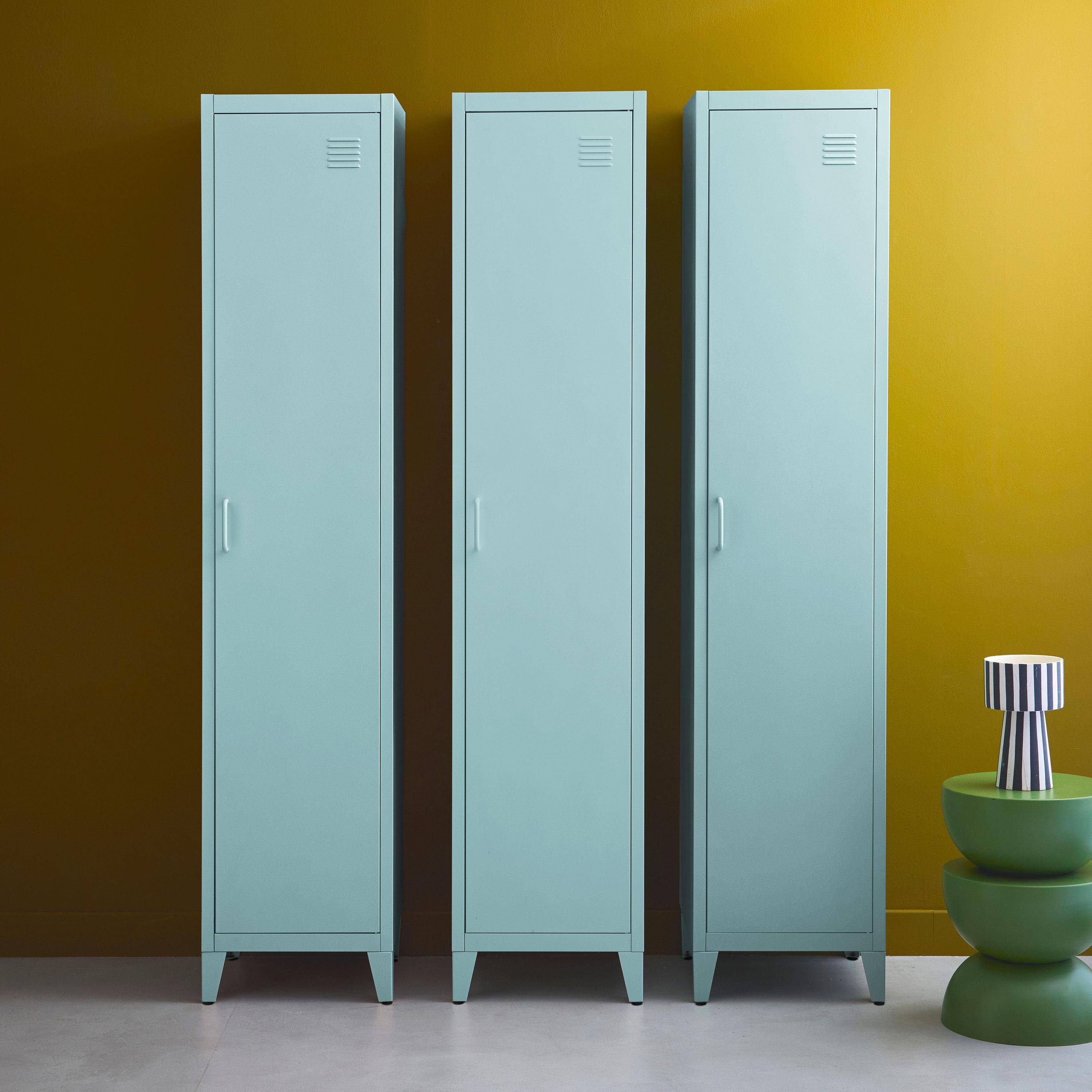 Armoire chambre en métal bleu clair, 4 espaces de rangement, L 180 x l 38 x H 38cm Photo1