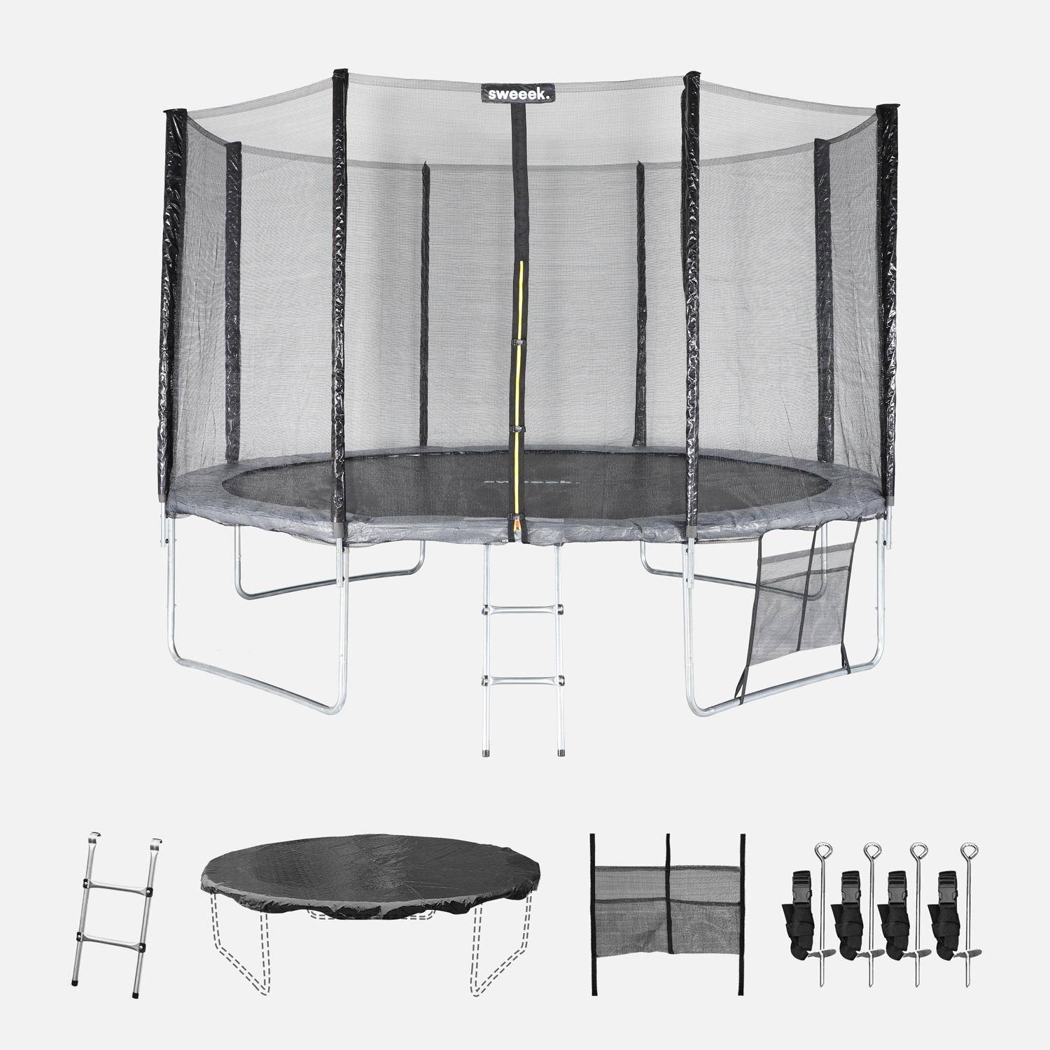 Trampolino 370cm con pacchetto di accessori, Saturne XXL, Grigio, 365x365x80 cm Photo1