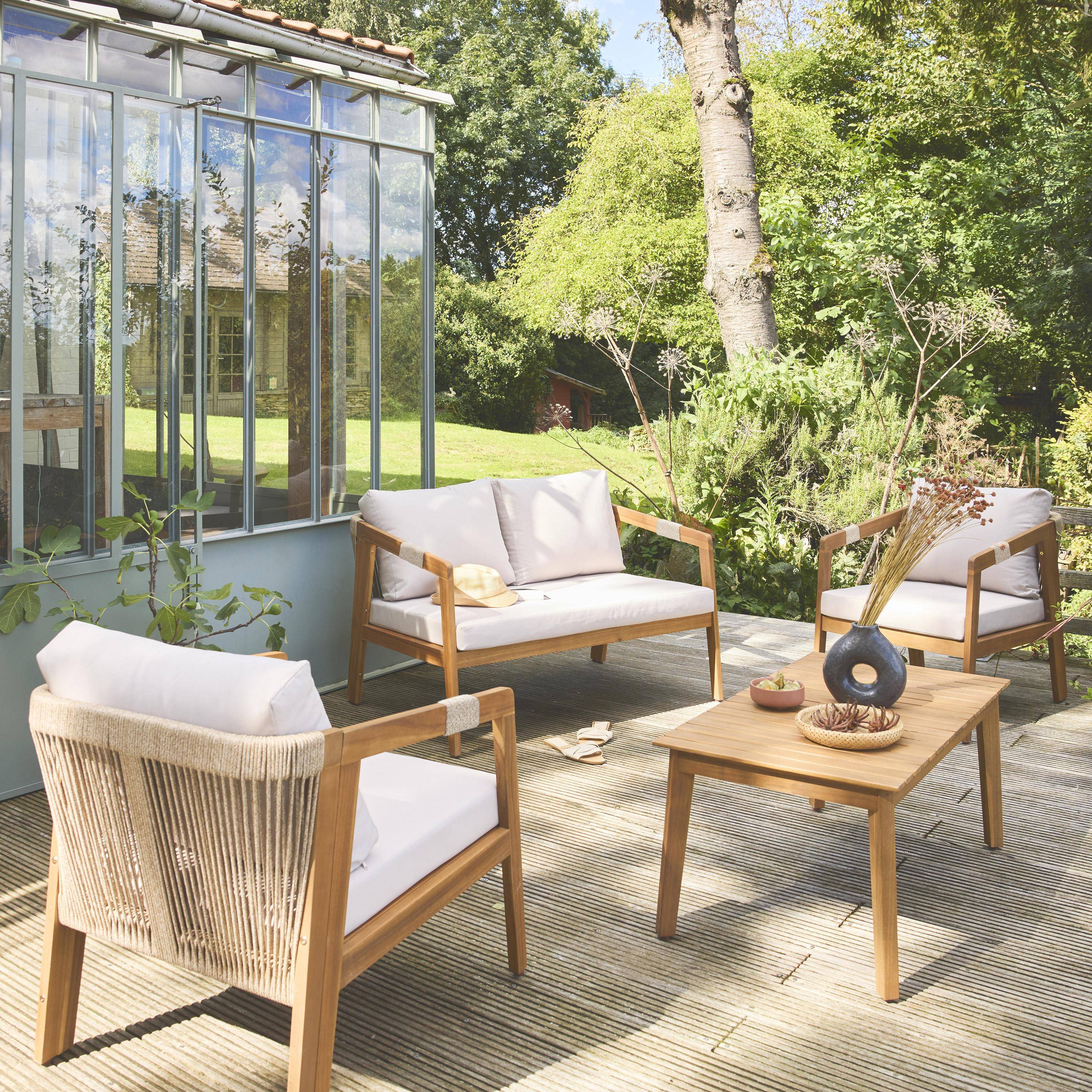 Salon de jardin en acacia 4 places beige avec cordes LOBERIA, table rectangulaire,sweeek,Photo1