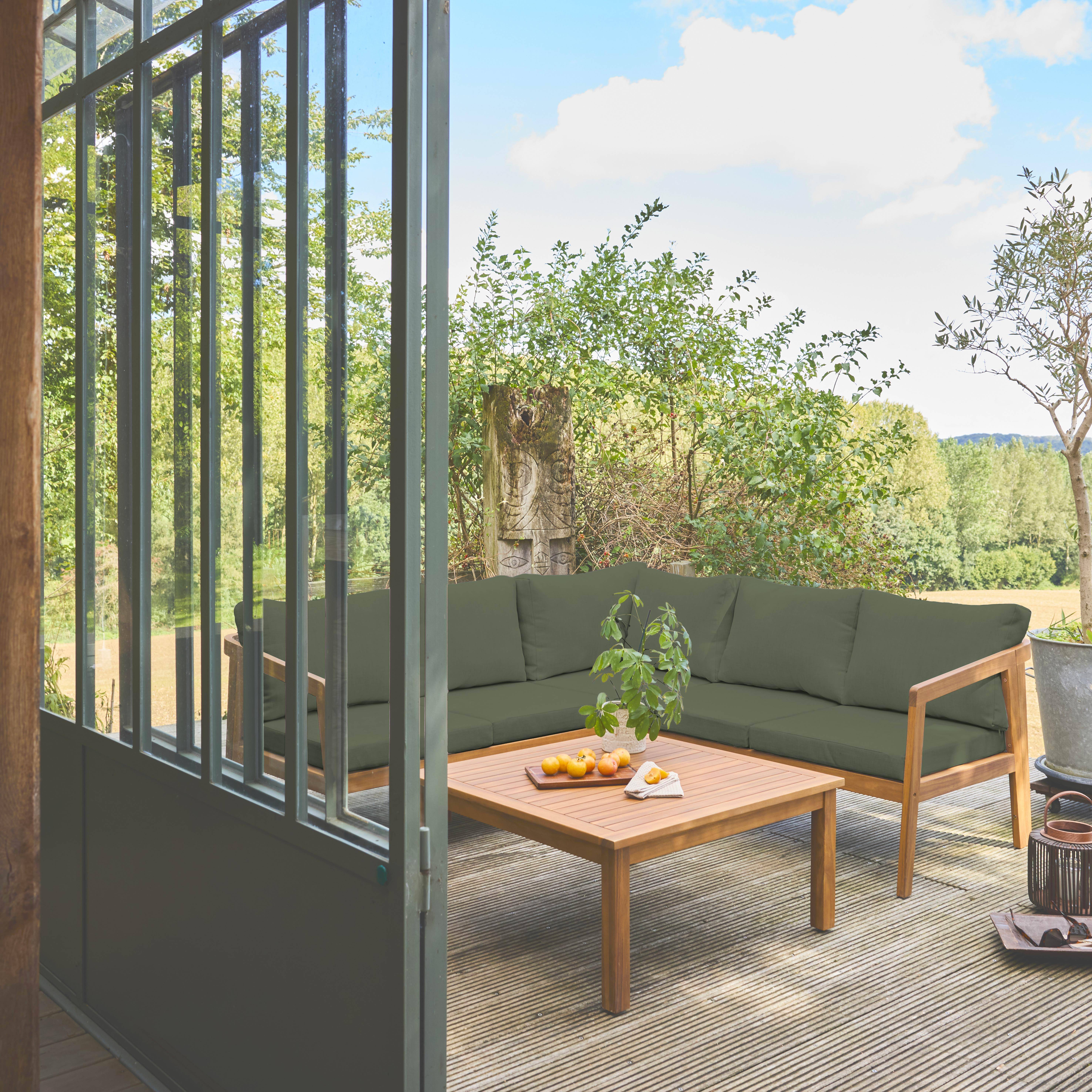 Salon de jardin d'angle kaki en acacia 5 places LOBERIA CORNER, table carrée ,sweeek,Photo2