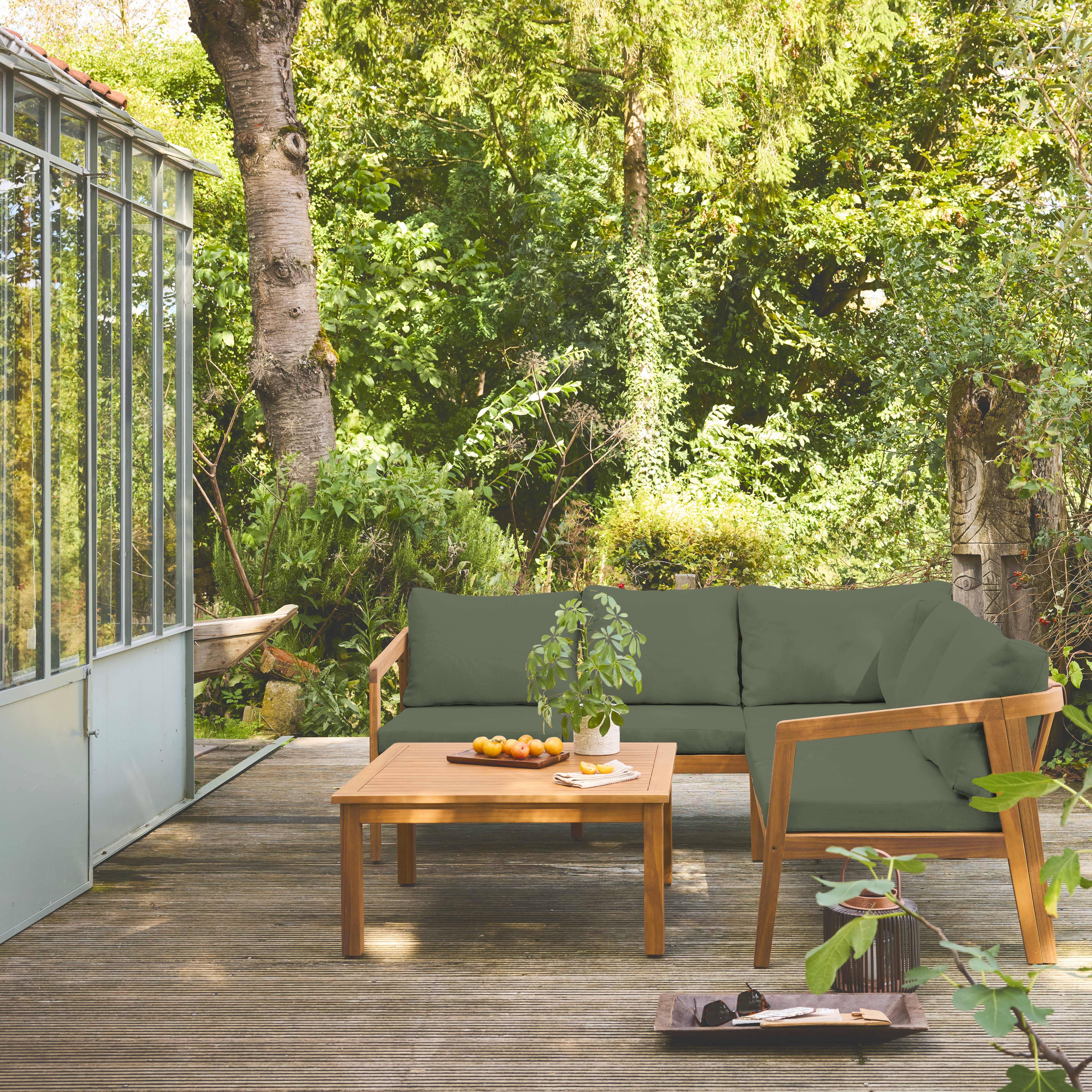 Salon de jardin d'angle kaki en acacia 5 places LOBERIA CORNER, table carrée  Photo1