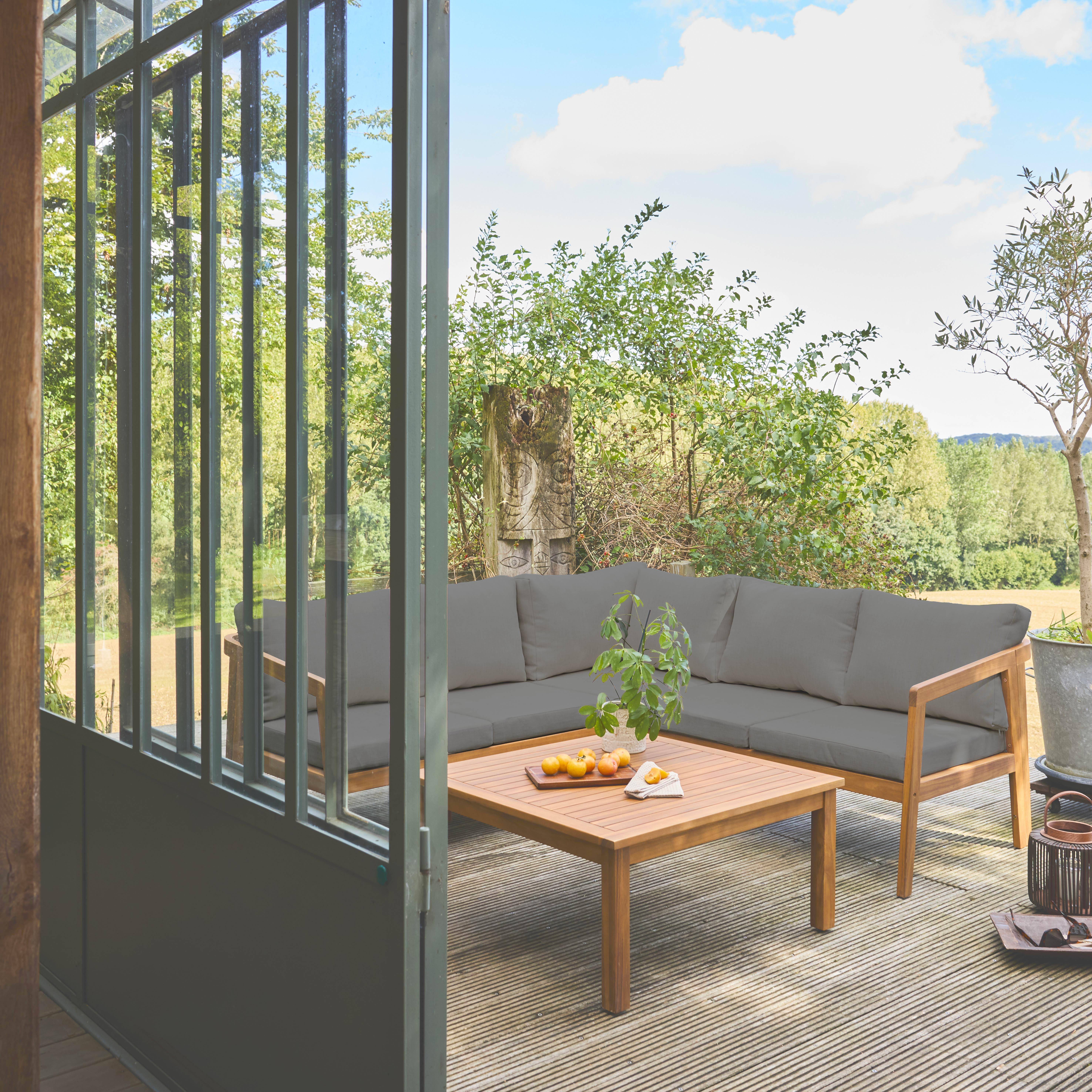 Salon de jardin d'angle gris en acacia 5 places LOBERIA CORNER, table carrée  Photo2
