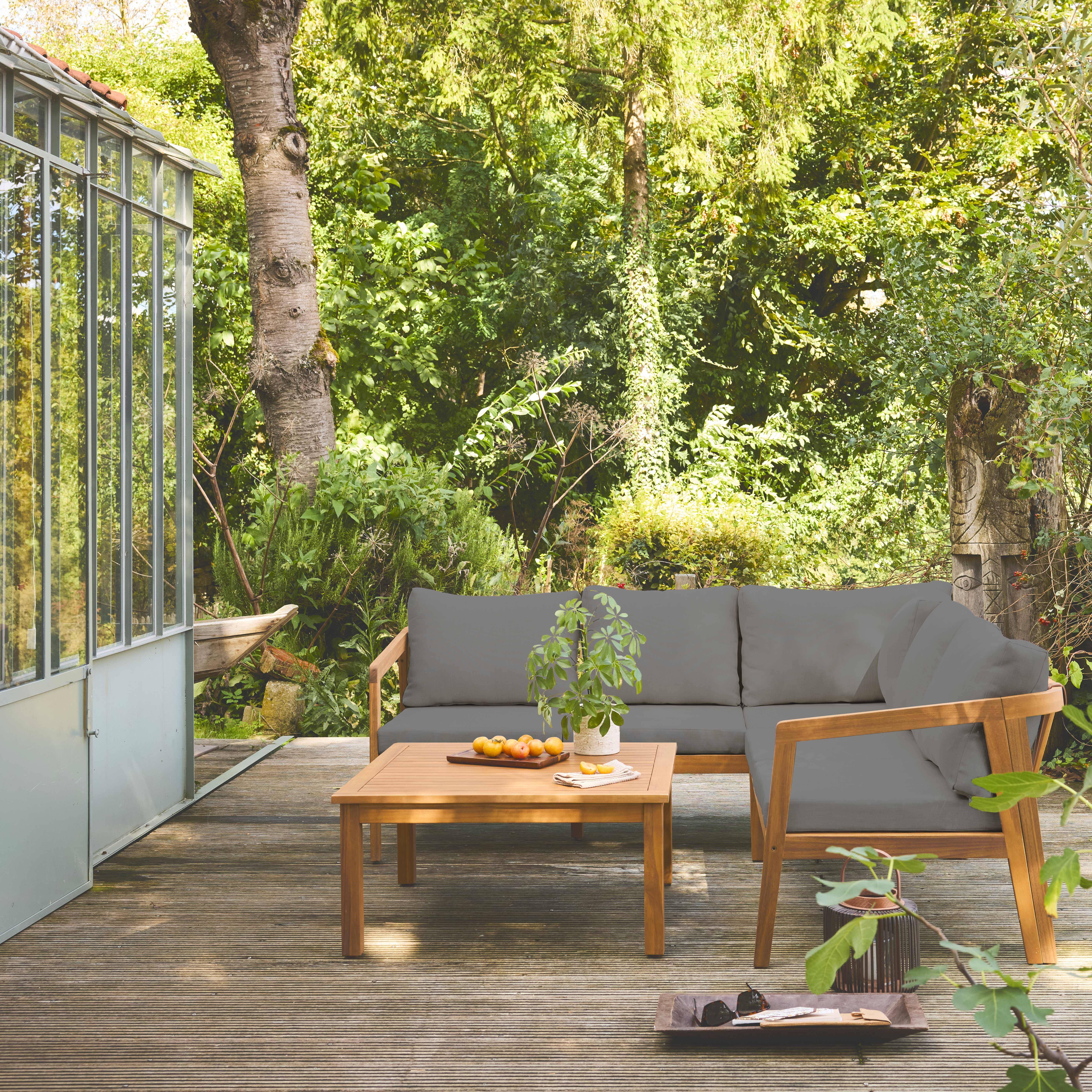 Salon de jardin d'angle gris en acacia 5 places LOBERIA CORNER, table carrée  Photo1