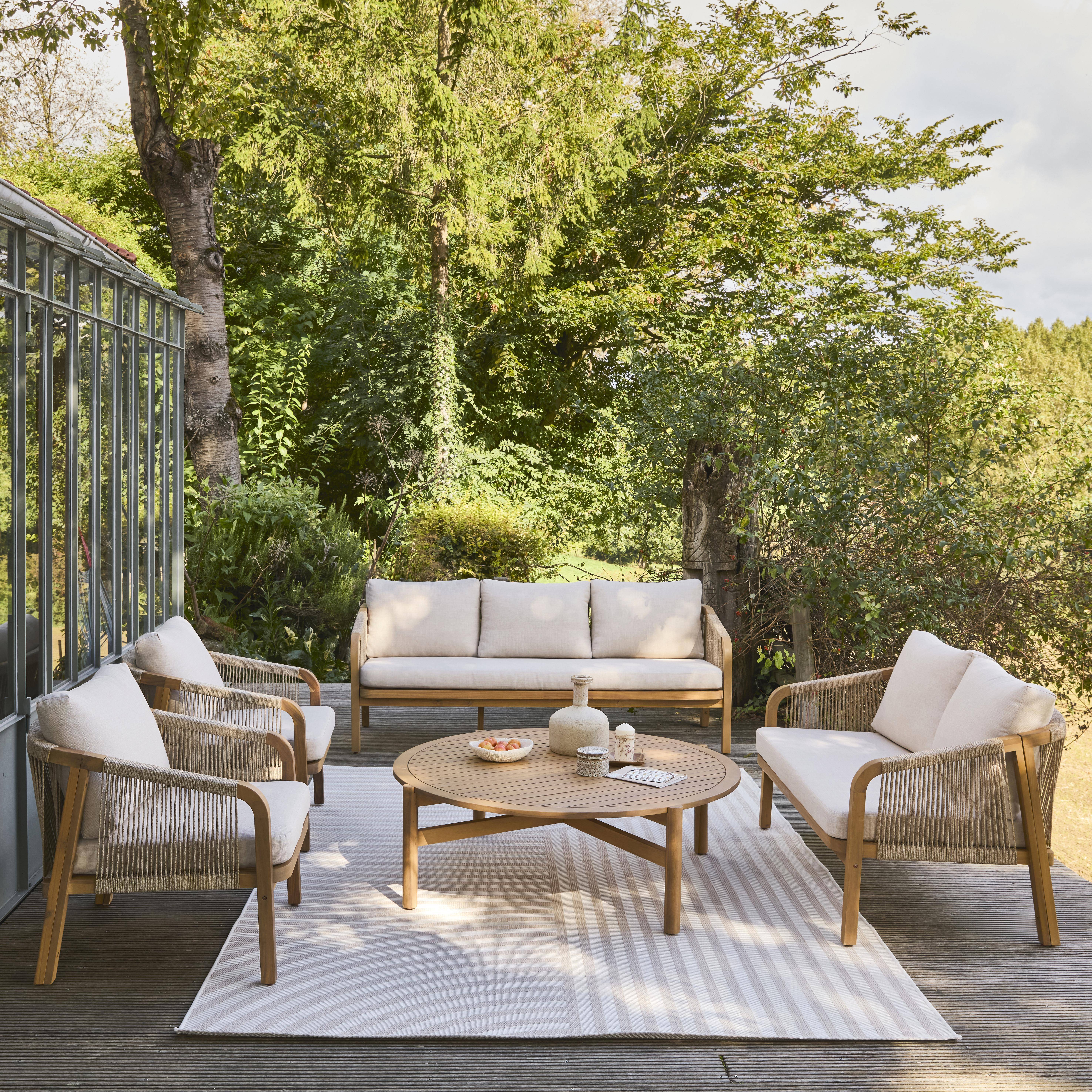 Salon de jardin en bois d'acacia et cordes, coussins beige PARANA Photo1