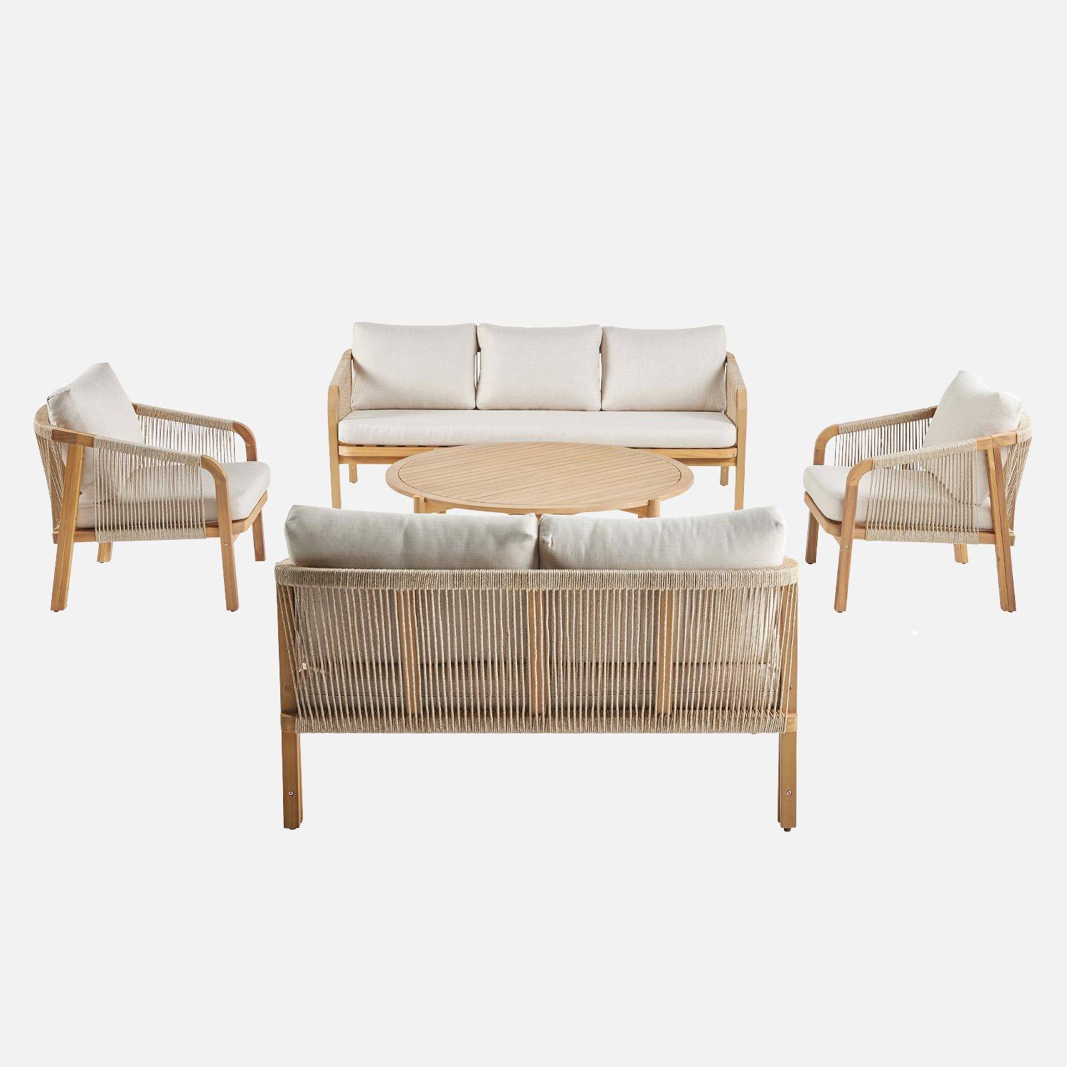 Salon de jardin en bois d'acacia et cordes, coussins beige PARANA Photo5