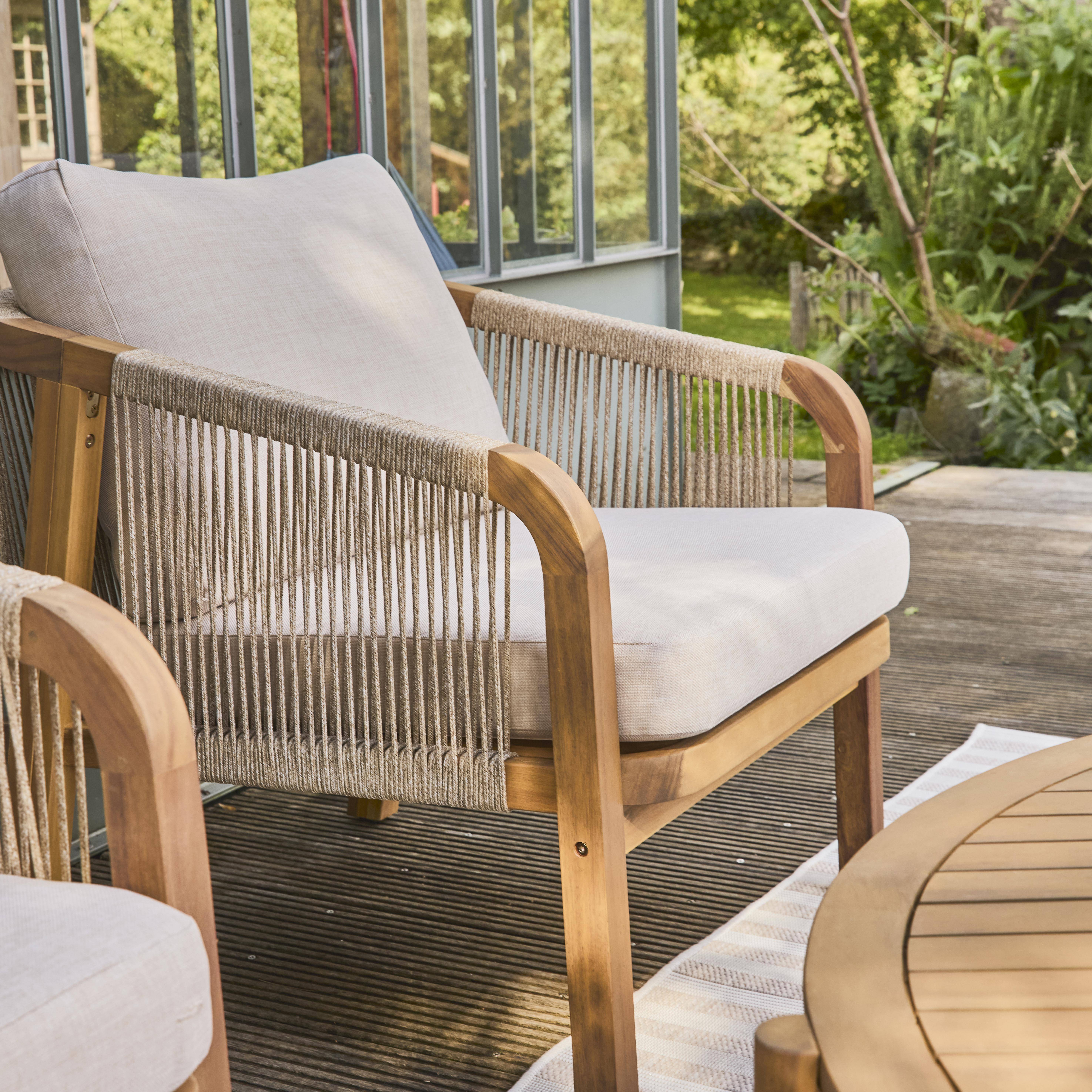 Salon de jardin en bois d'acacia et cordes, coussins beige PARANA Photo3