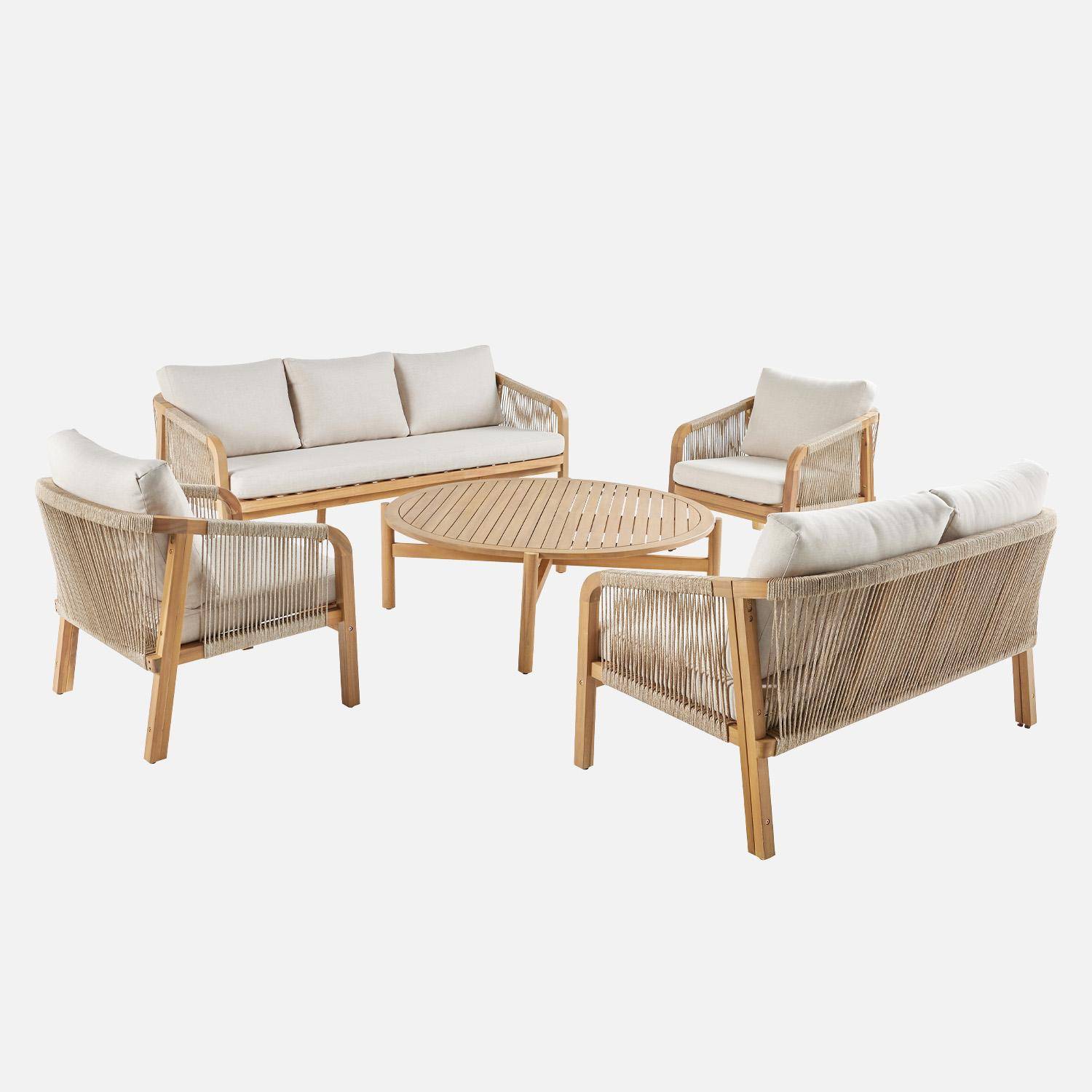 Salon de jardin en bois d'acacia et cordes, coussins beige PARANA,sweeek,Photo4