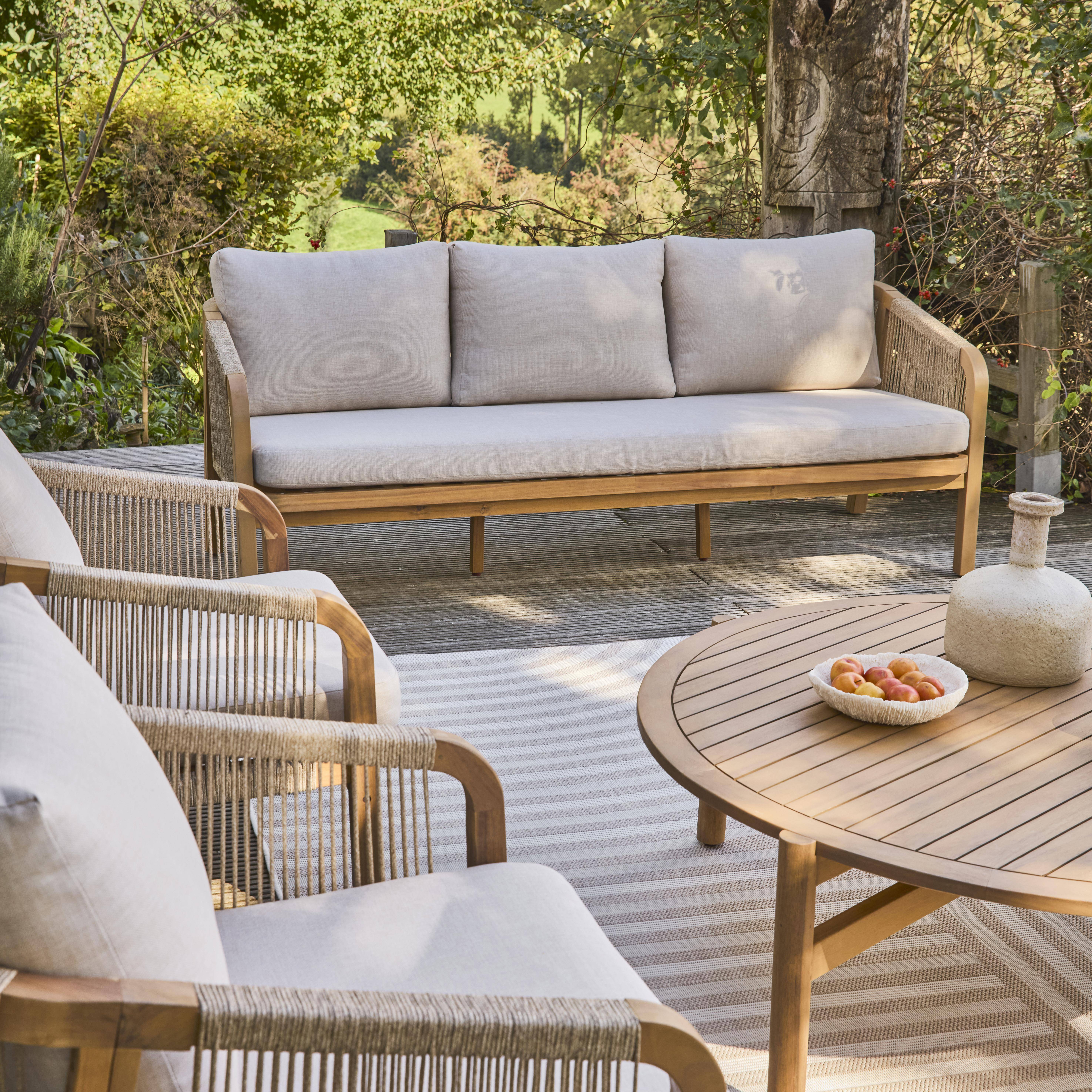 Salon de jardin en bois d'acacia et cordes, coussins beige PARANA Photo2