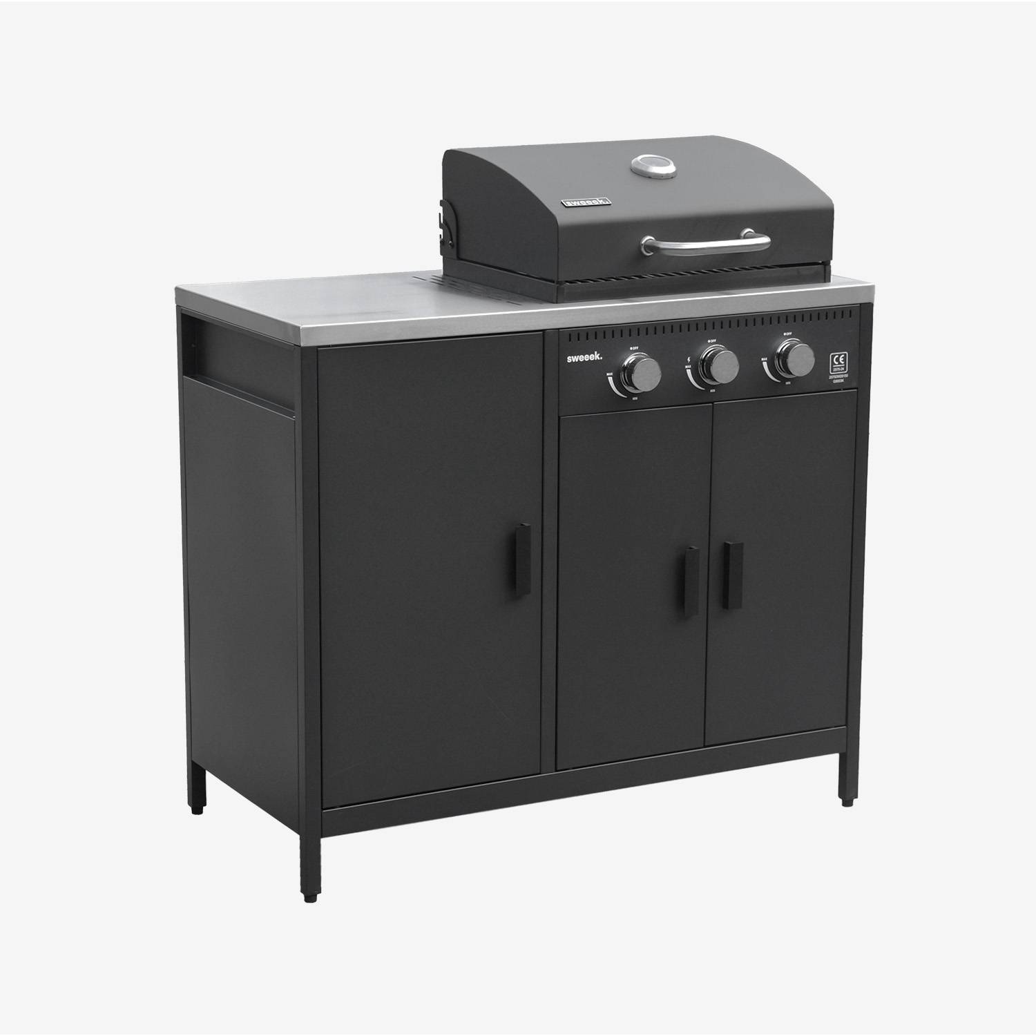 Barbecue gaz 3 brûleurs, noir, 3 portes, rangements